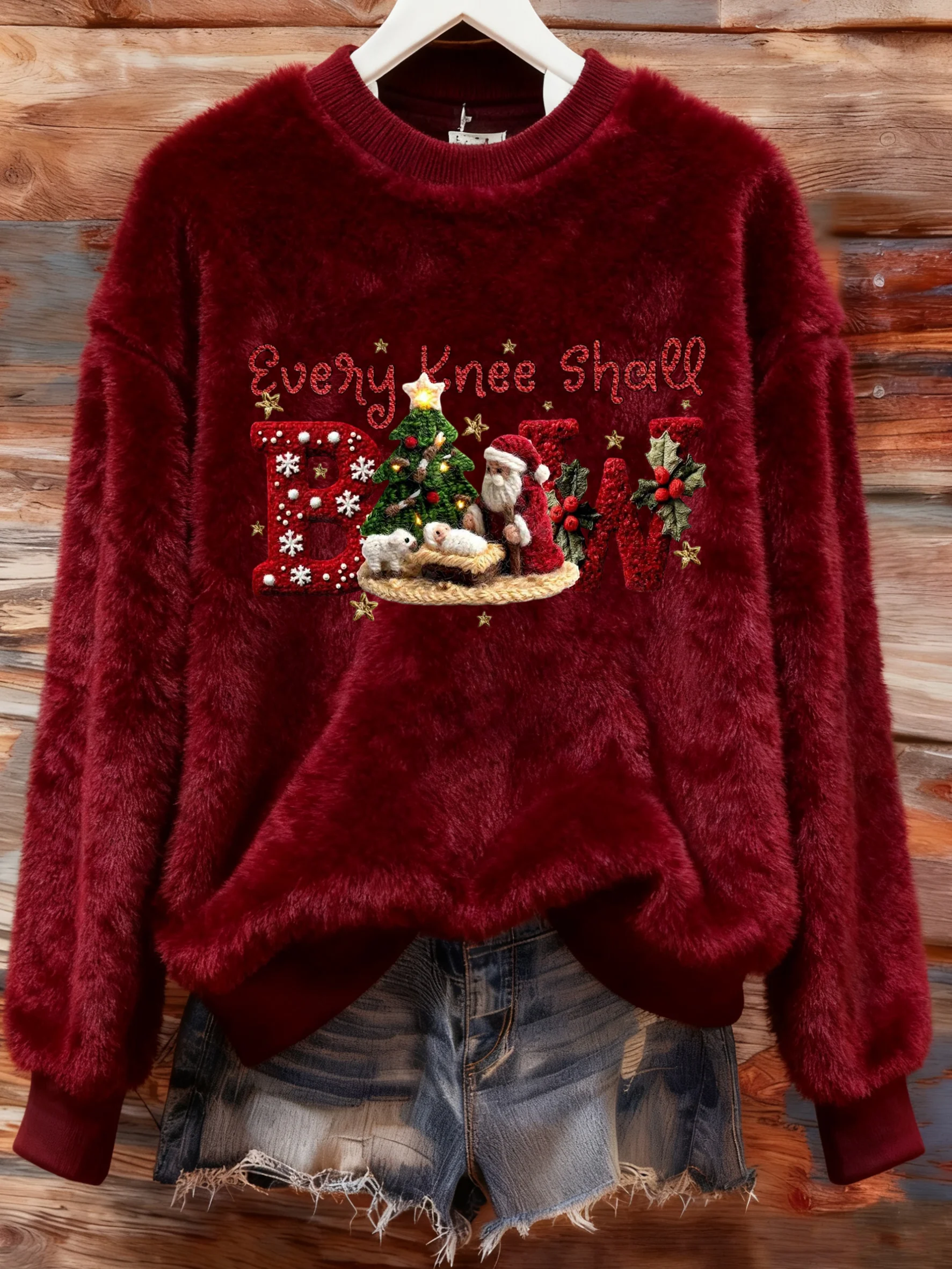 Women's Winter Christmas Cross Print Plush Crew Neck Top