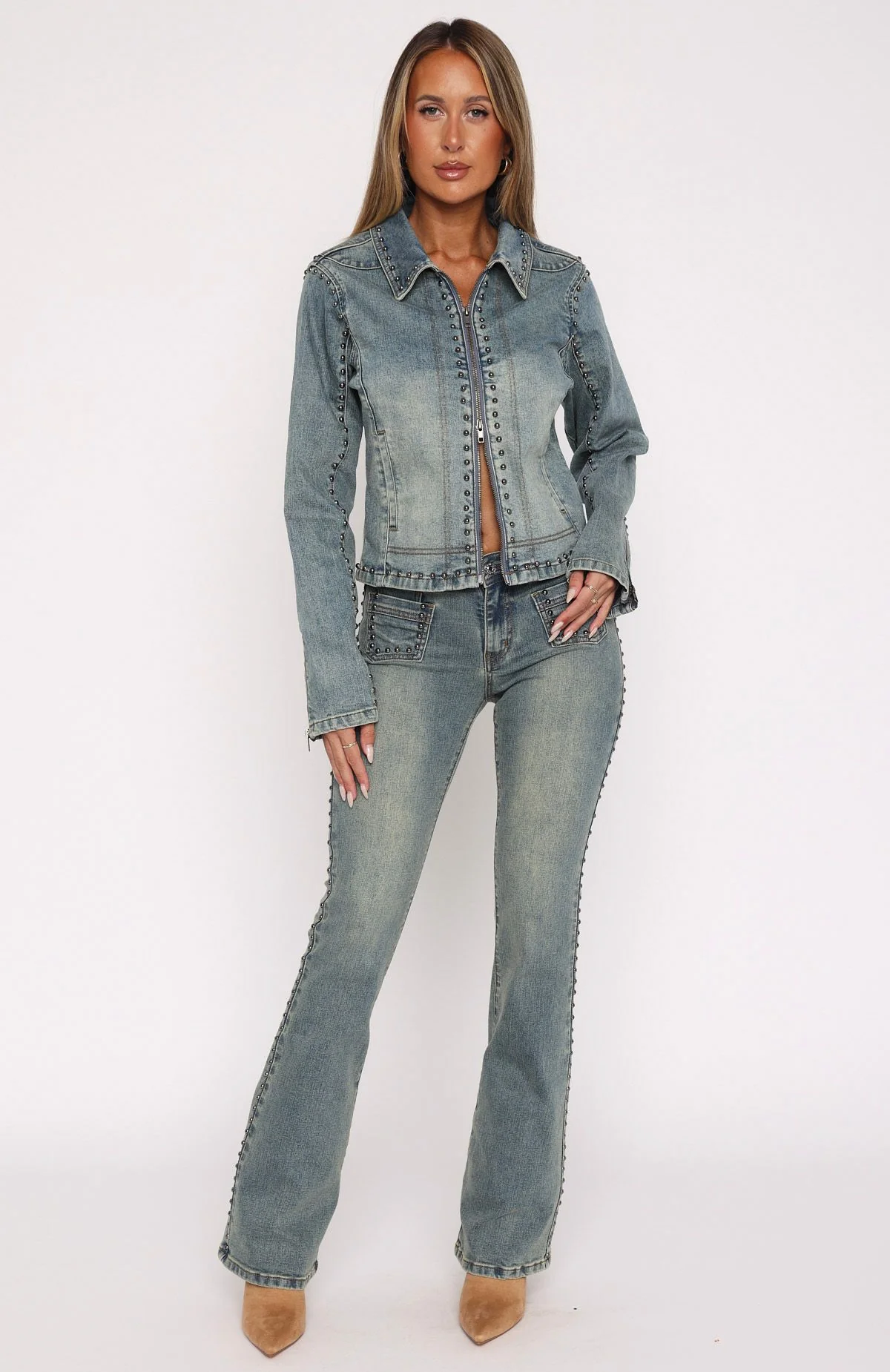 Blake Low Rise Studded Flare Jeans Brown Blue