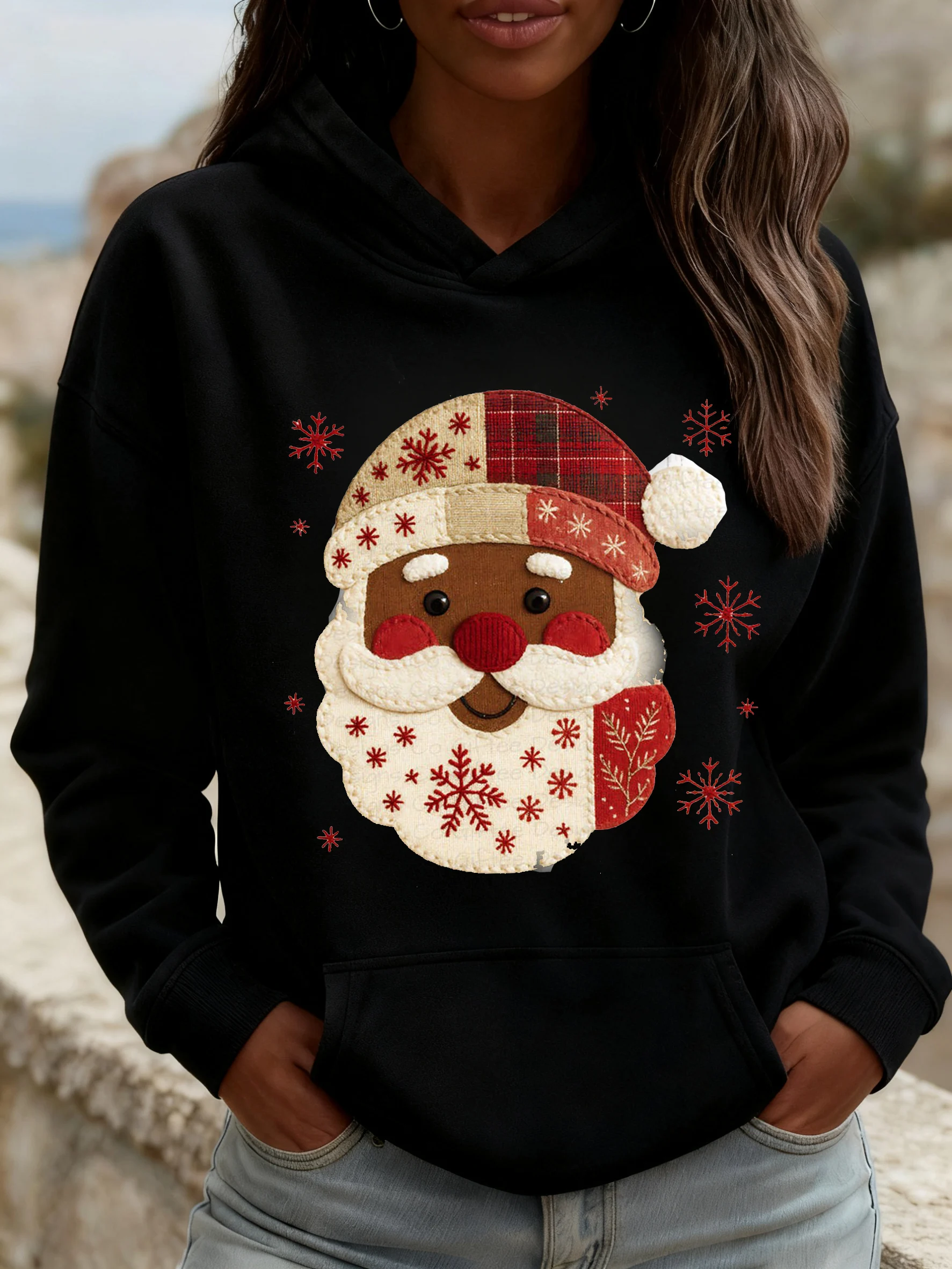 Women's Black Santa Print Hoodie