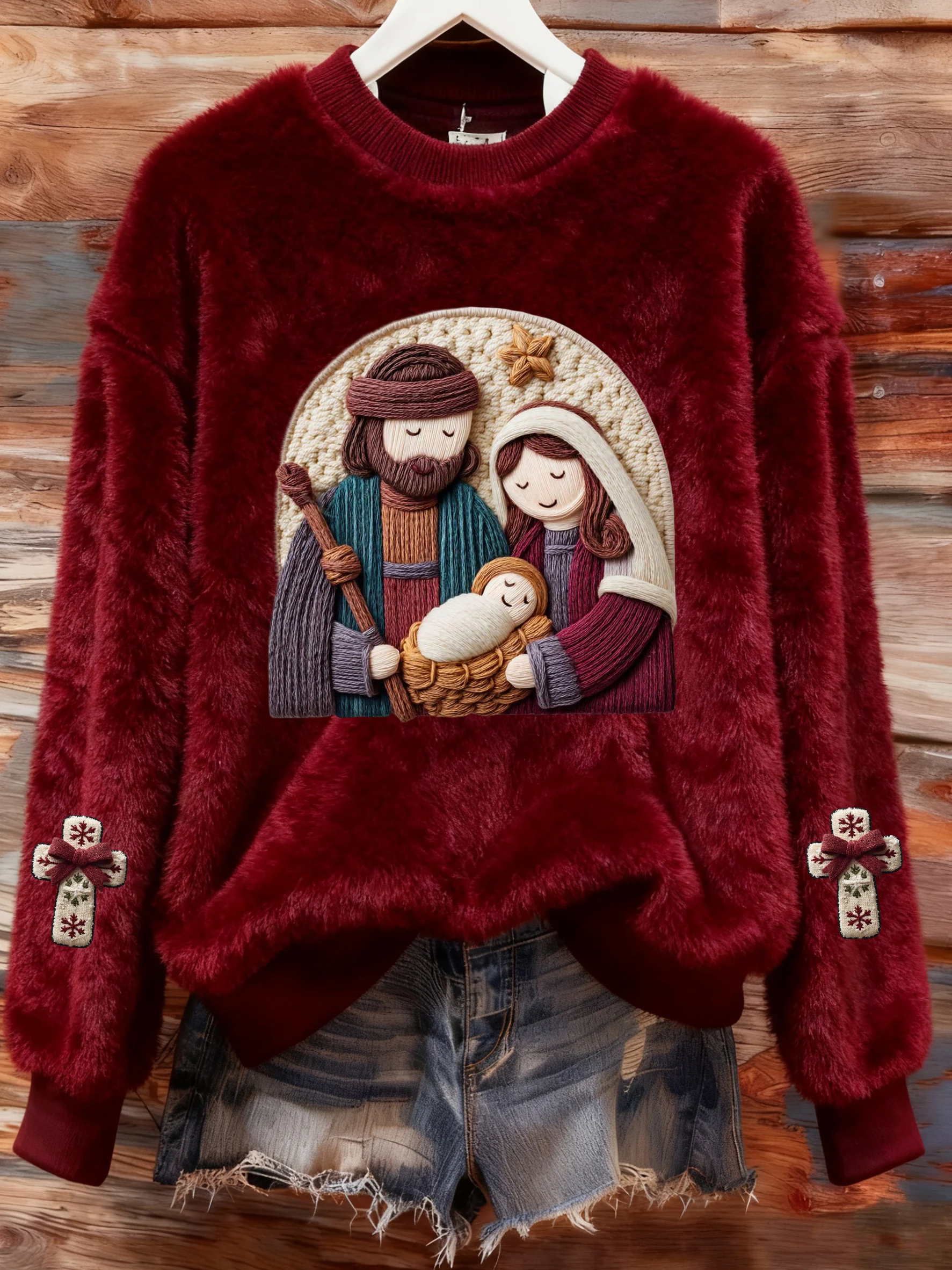 Women's Winter Christmas Cross Print Plush Crew Neck Top