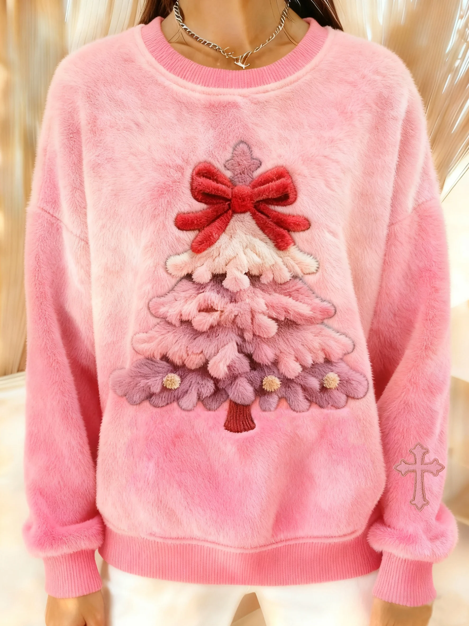 Women's Winter Christmas Cross Printed Crew Neck Furry Top