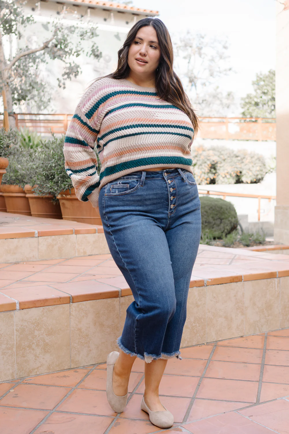 Wren High Rise Button Fly Distressed Hem Crop Wide - PLUS