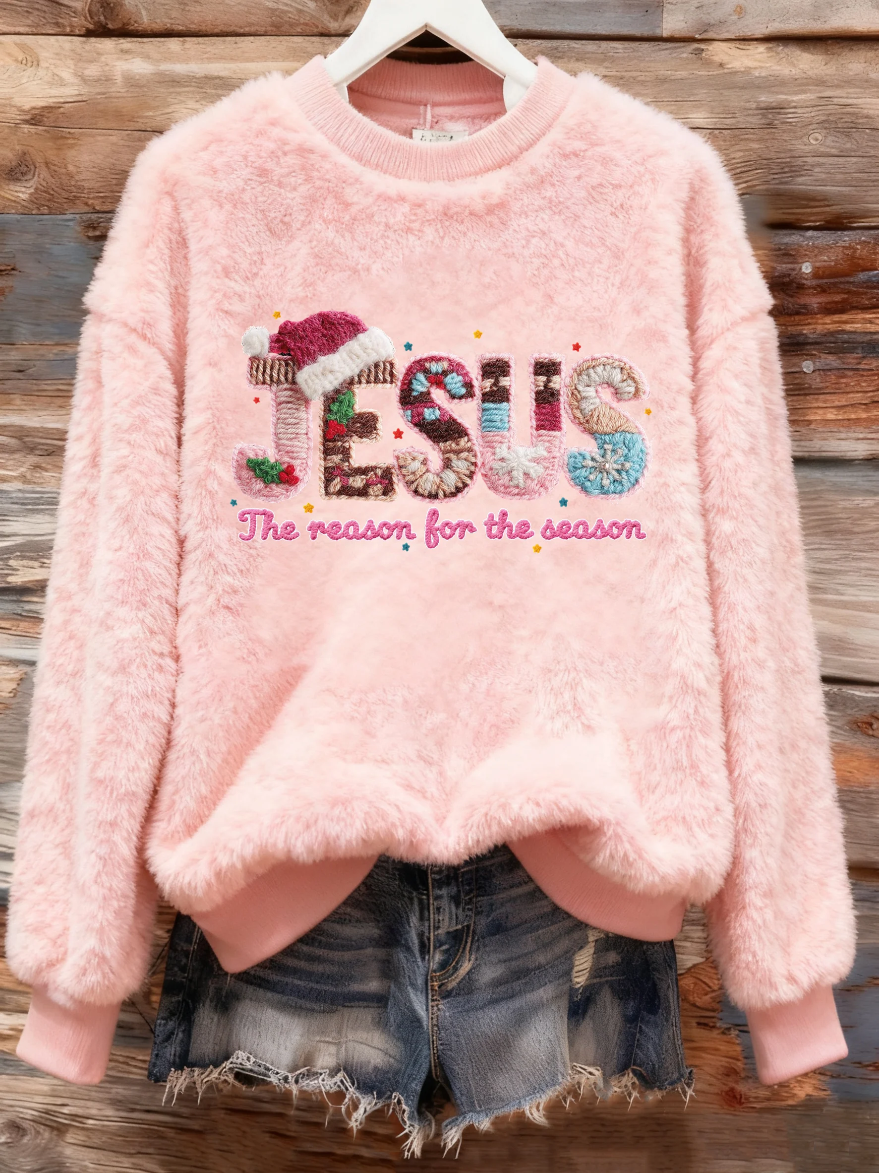 Women's Winter Christmas Cross Print Plush Crew Neck Top