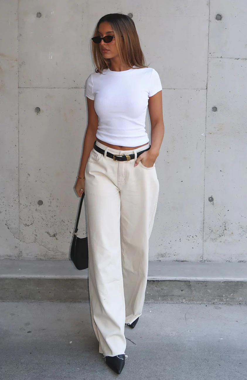 Summer Mid Rise Wide Leg Jeans Cream
