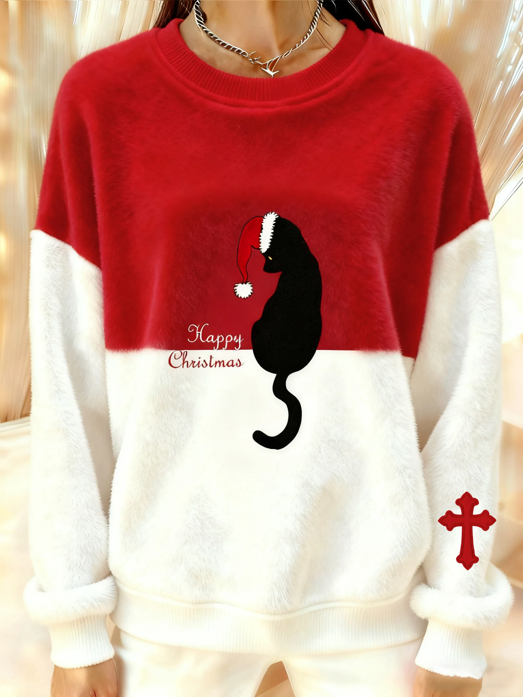 Women's Winter Christmas Cross Printed Crew Neck Furry Top