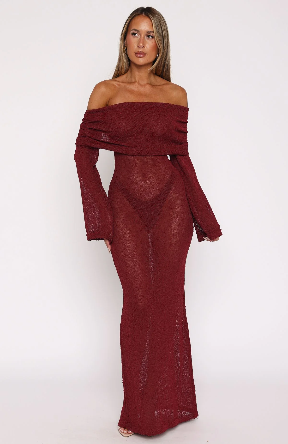 Made It Out Long Sleeve Boucle Maxi Dress Burgundy
