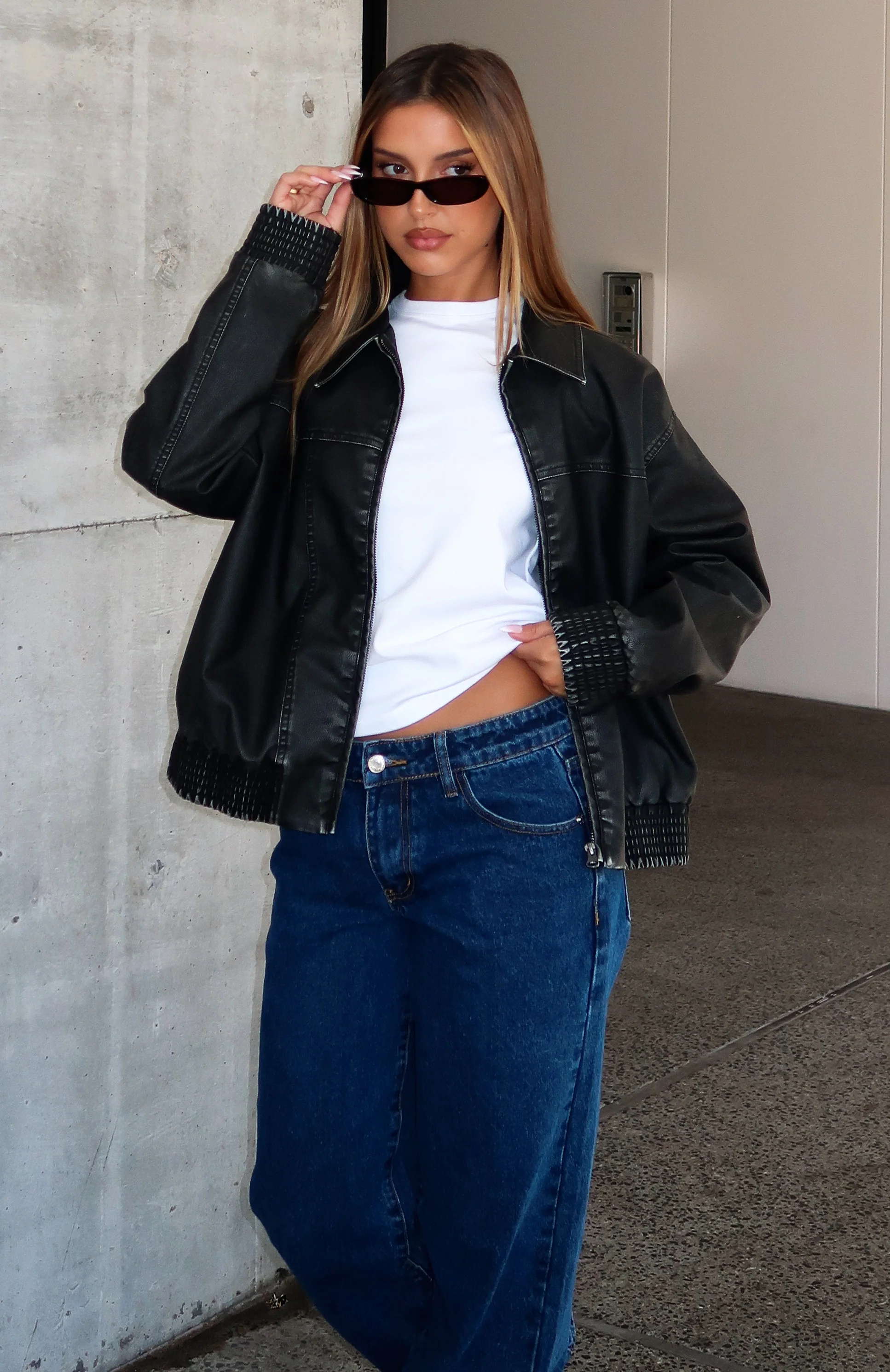 Make Things Right PU Bomber Jacket Washed Black