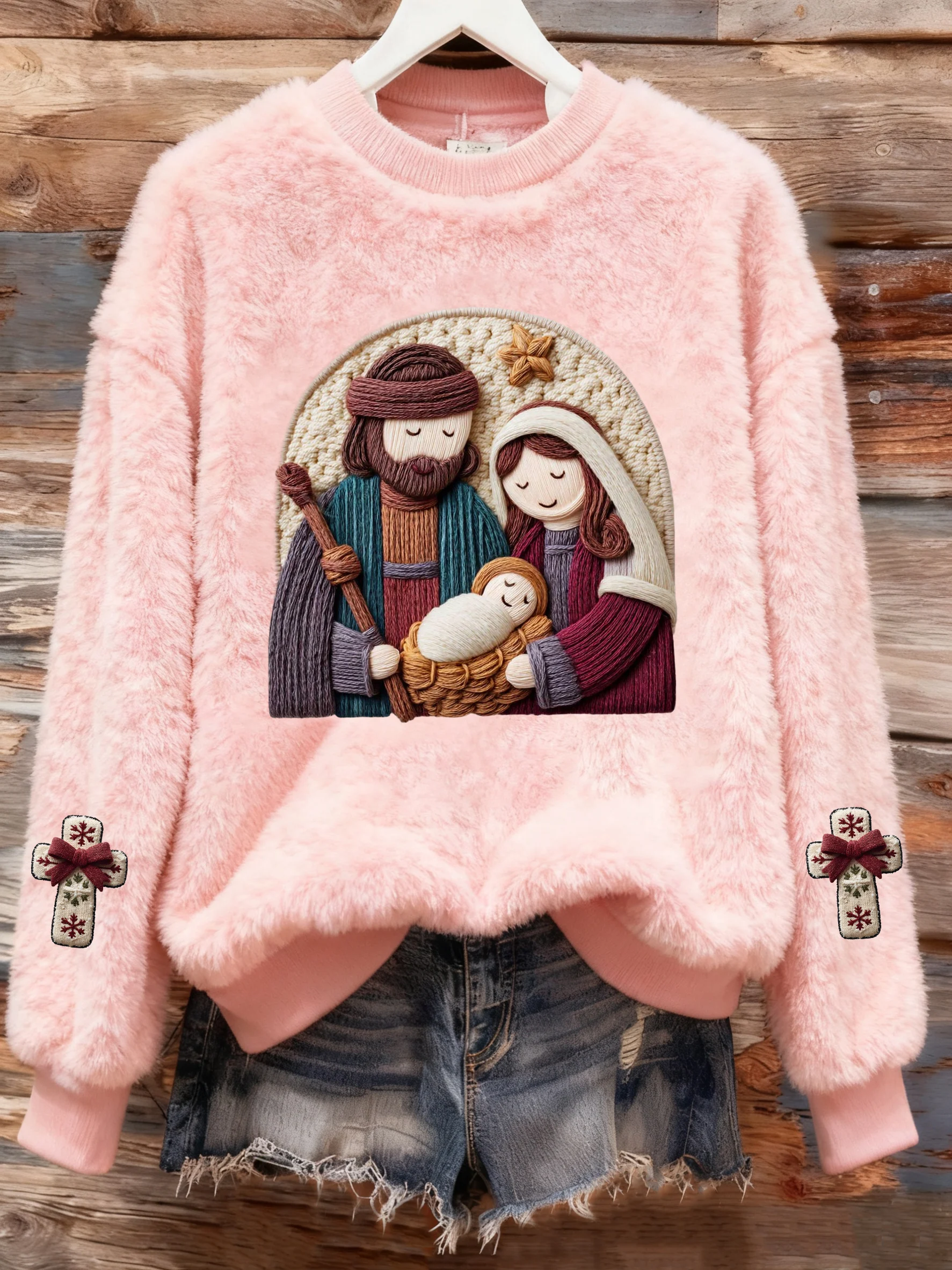 Women's Winter Christmas Cross Print Plush Crew Neck Top
