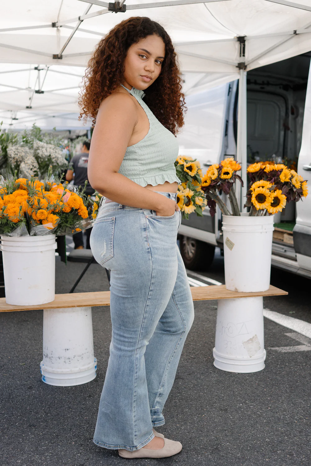 Megan Mid Rise Tinted Pin Tack Detail Flare Jeans - PLUS