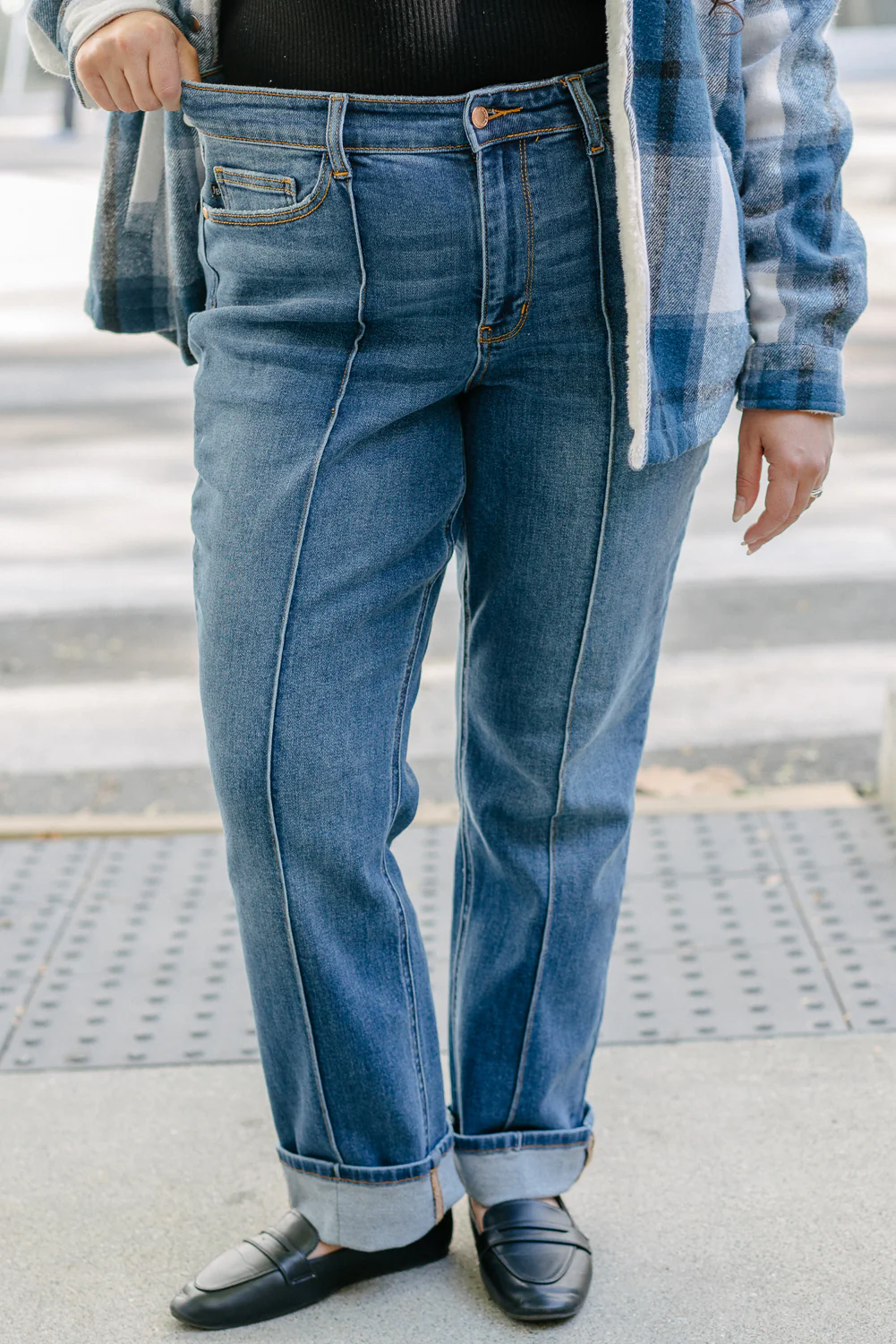 Sally High Rise Front Seam Detail & Cuffed Straight Fit Jeans - PLUS