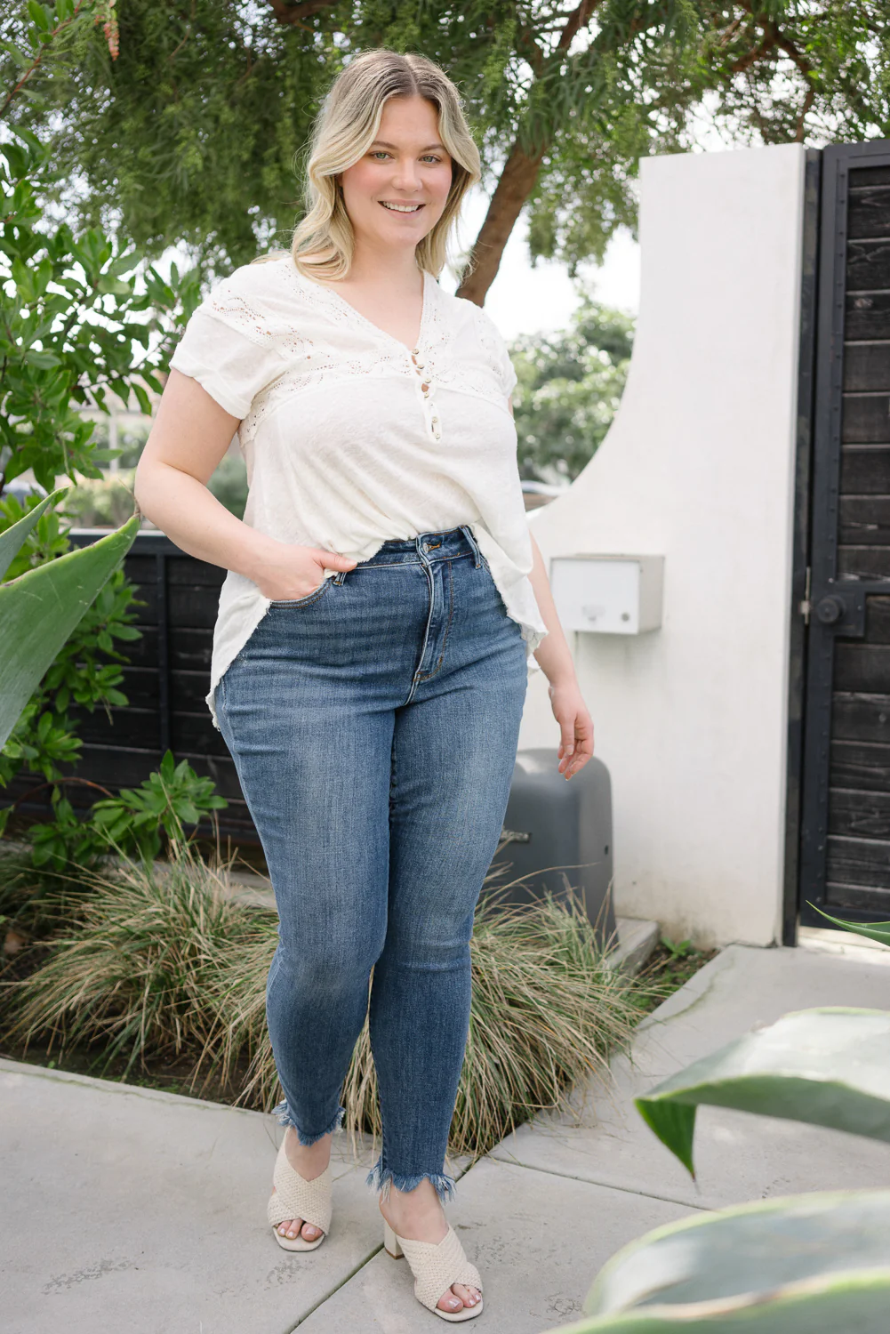 Dessarie High Rise Skinny with Distressed & Shark Bit Hem - PLUS