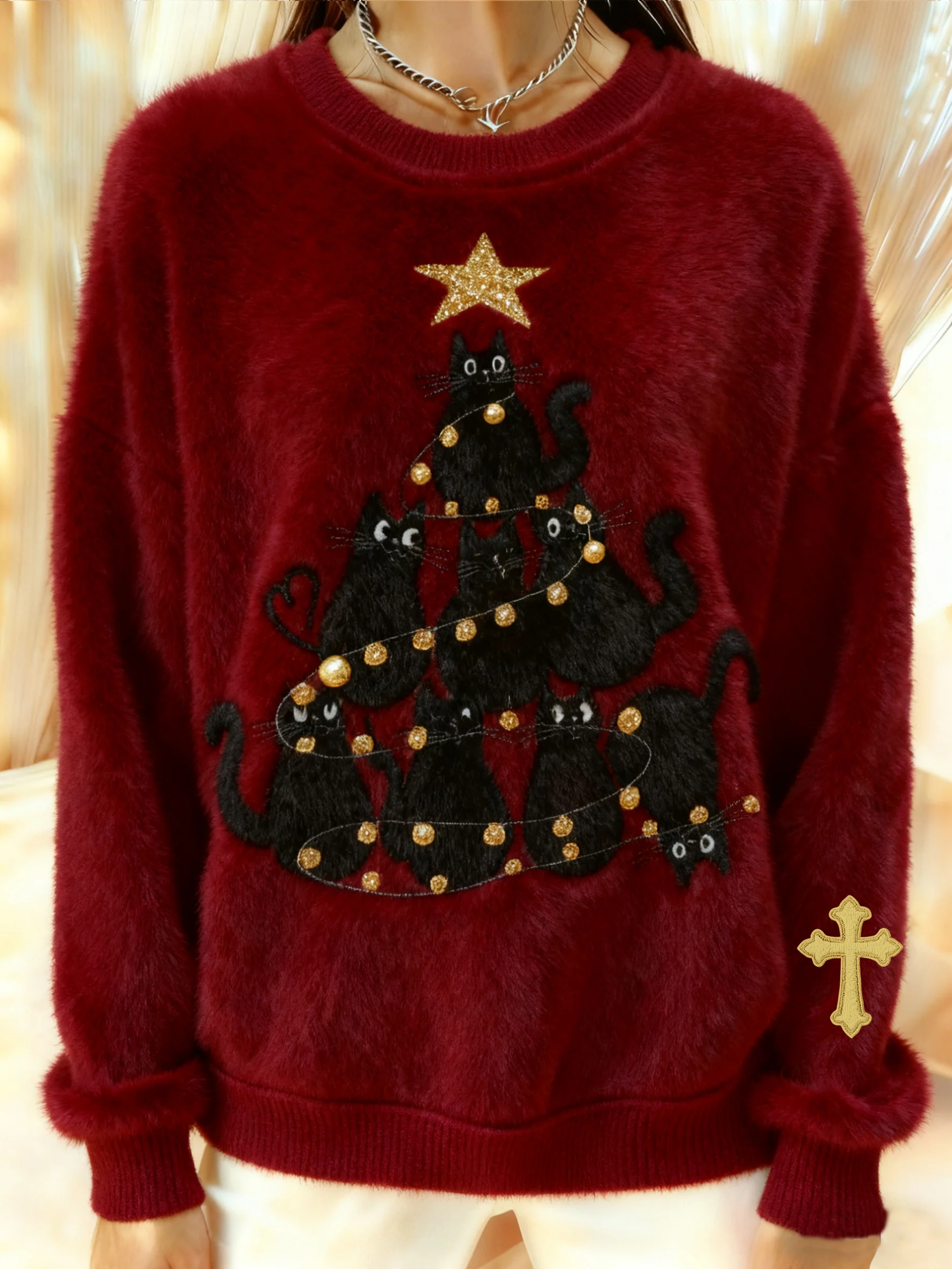 Women's Winter Christmas Cross Printed Crew Neck Furry Top