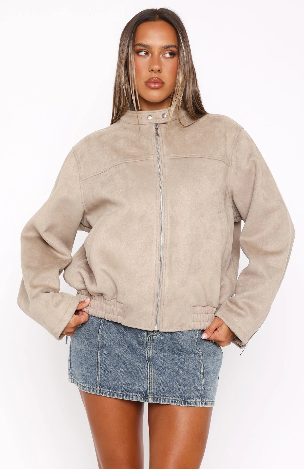 Watchin' Out Faux Suede Bomber Jacket Sand