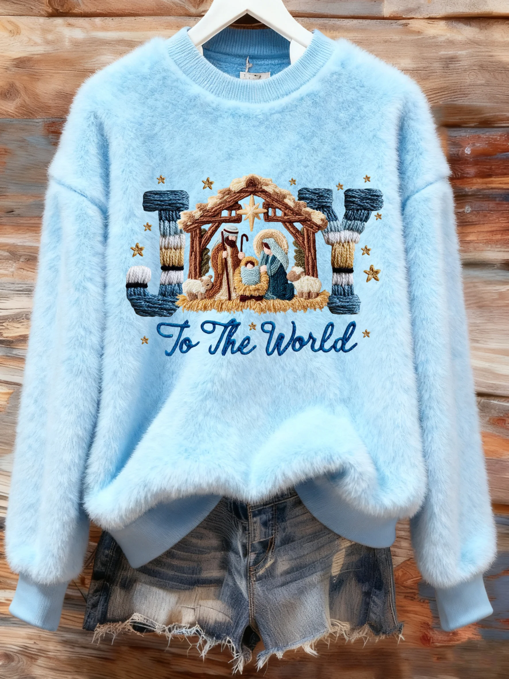 Women's Winter Christmas Cross Print Plush Crew Neck Top