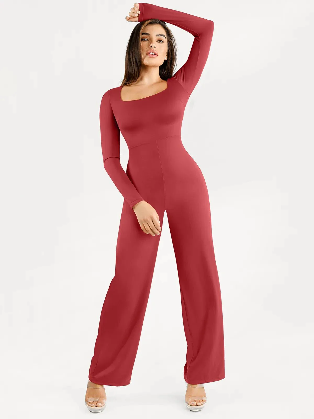 Shapewear Long Sleeve Square Neck Slimming Wide Leg Jumpsuit