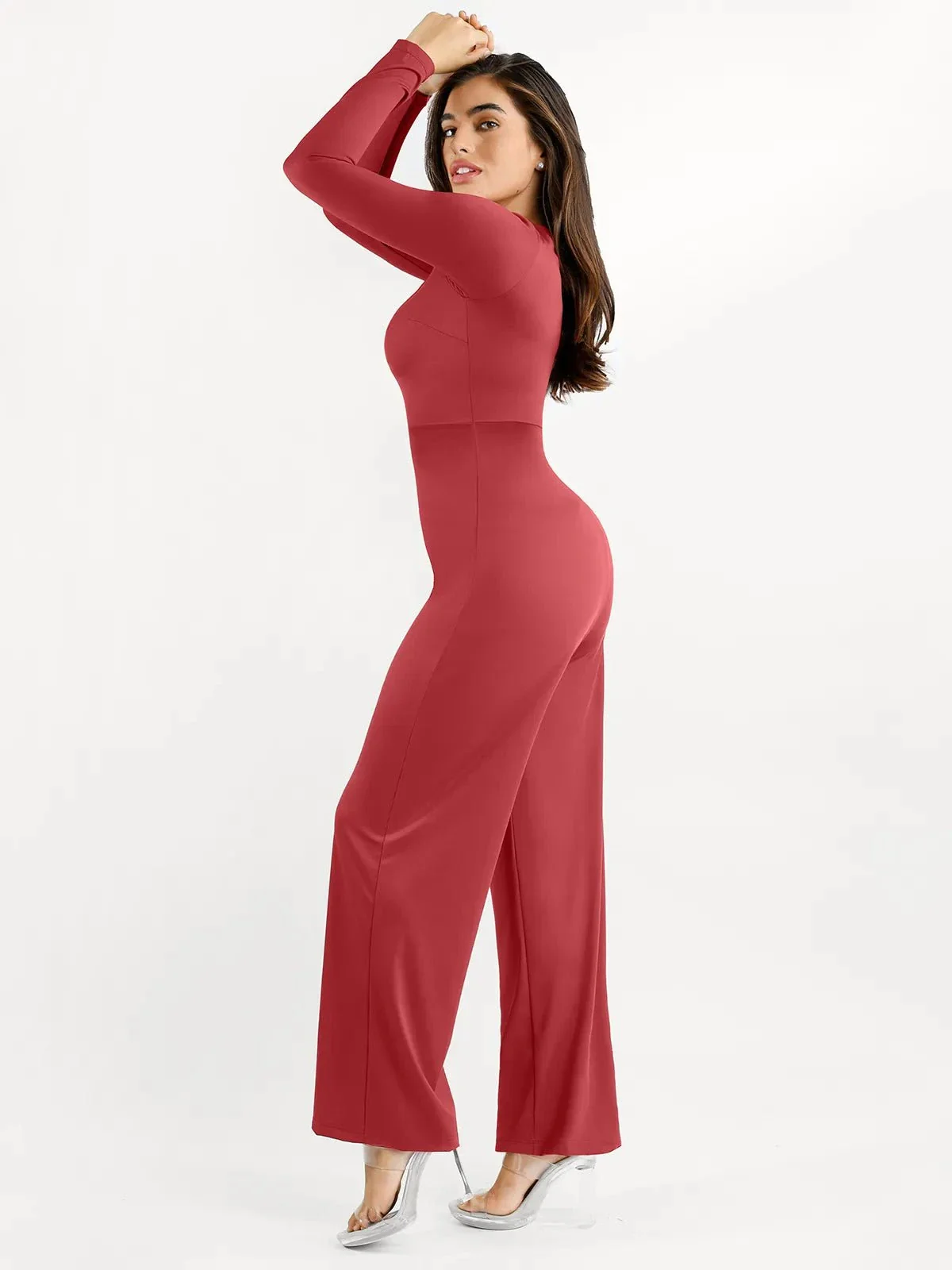Shapewear Long Sleeve Square Neck Slimming Wide Leg Jumpsuit