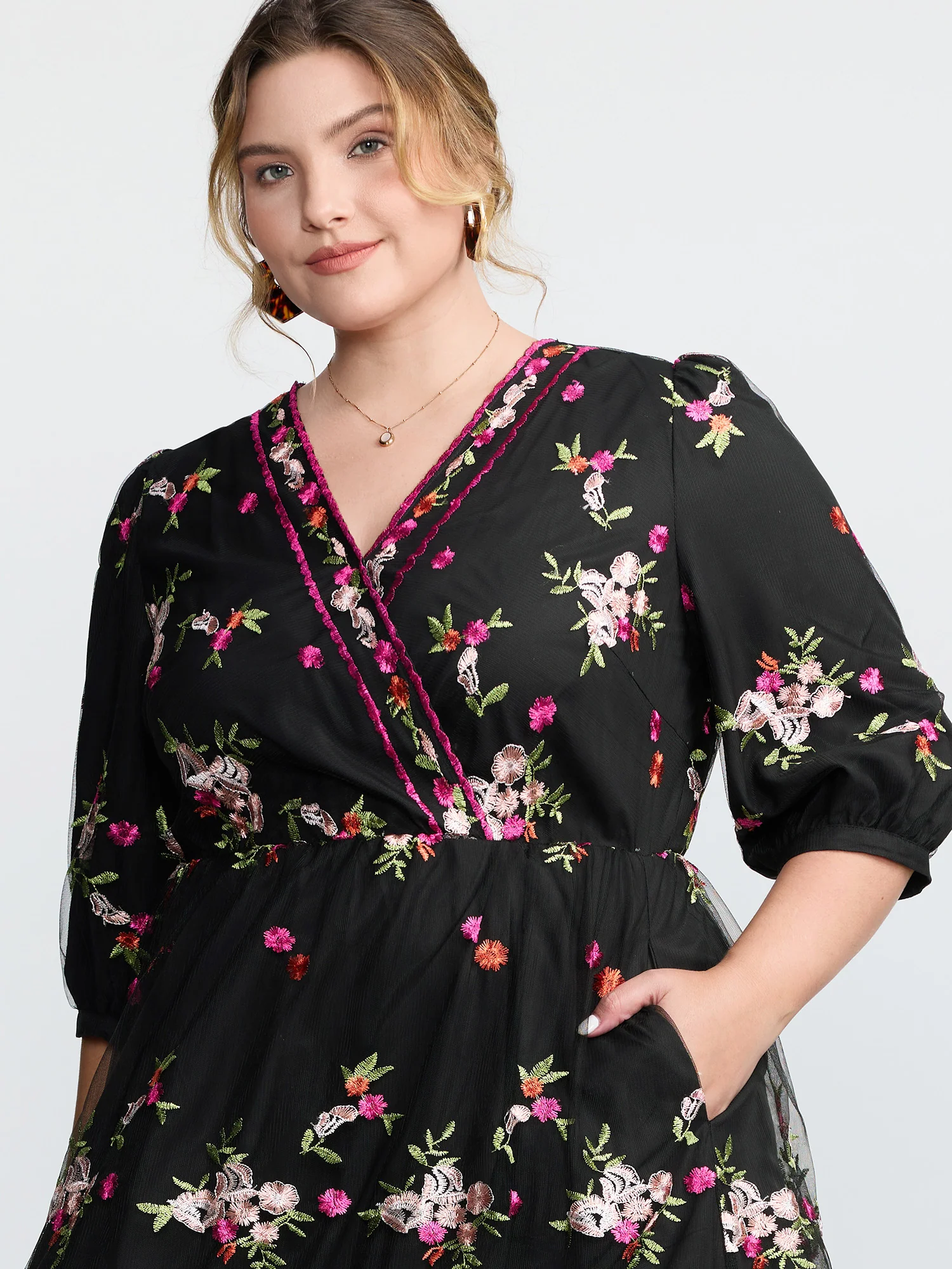 Floral Embroidered Mesh Lined Party Dress