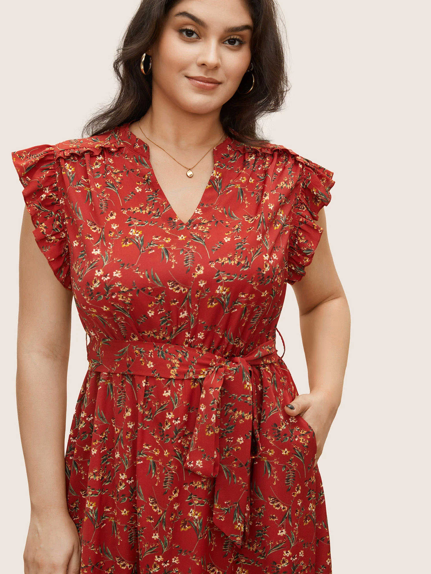 Floral Print Frill Notched Flutter Sleeve Dress