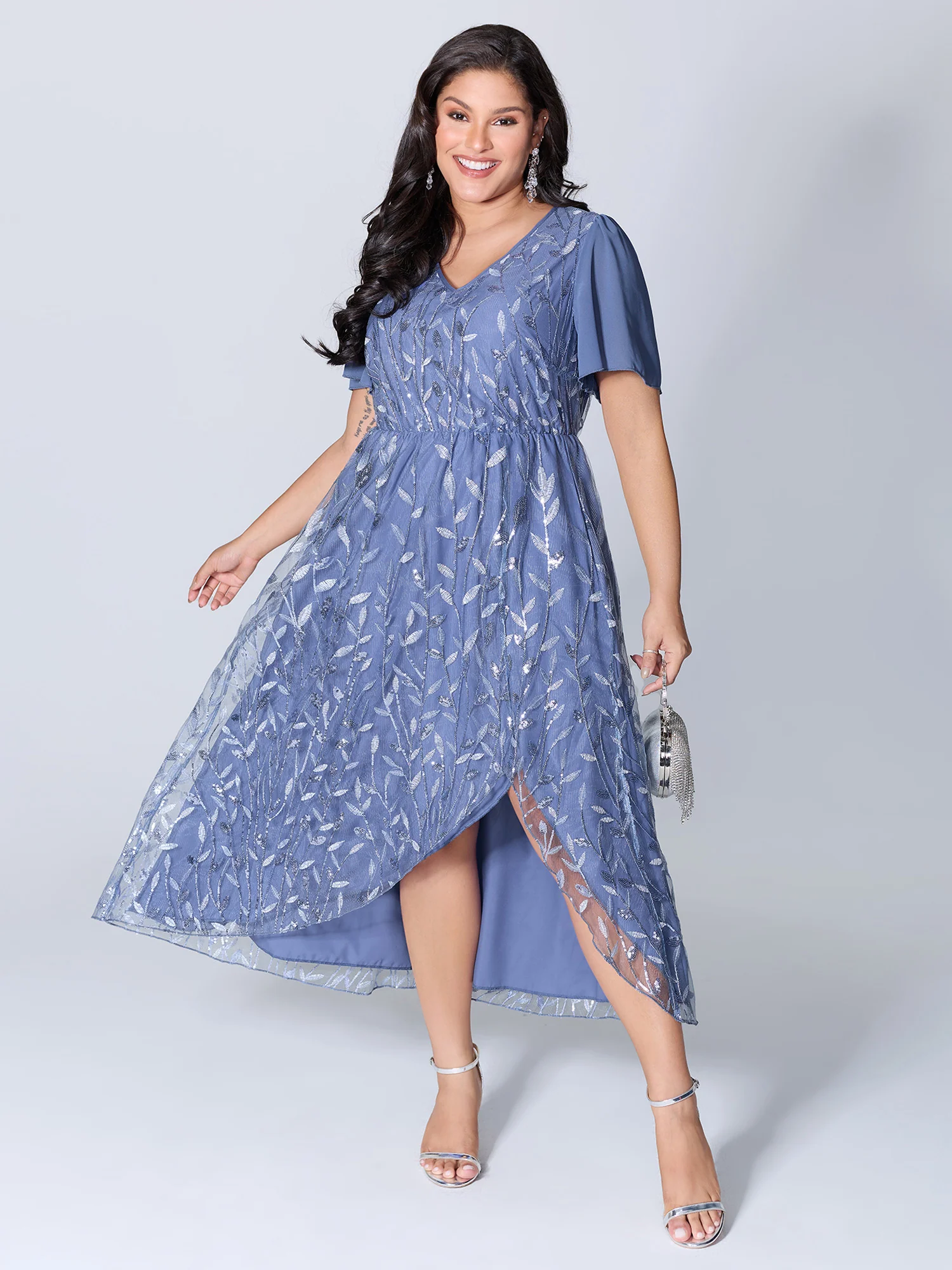 Lace Mesh Petal Hem Leaf Sequin Midi Dress