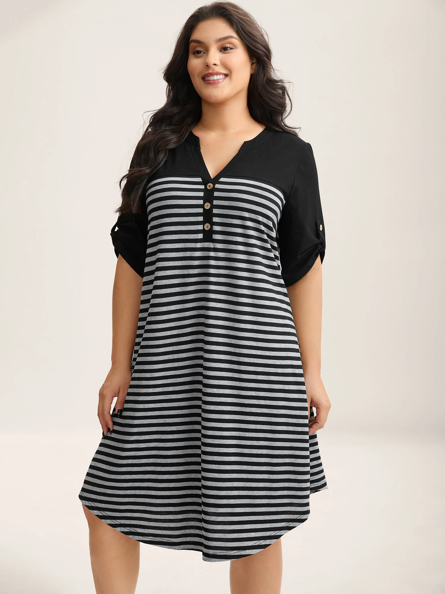Stripes Button Tab Sleeve Midi Dress