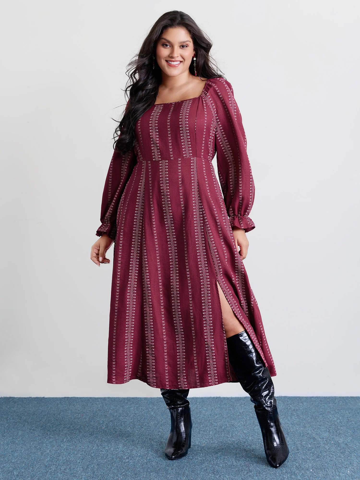 Textured Waist-Defining Square Neck Maxi Dress