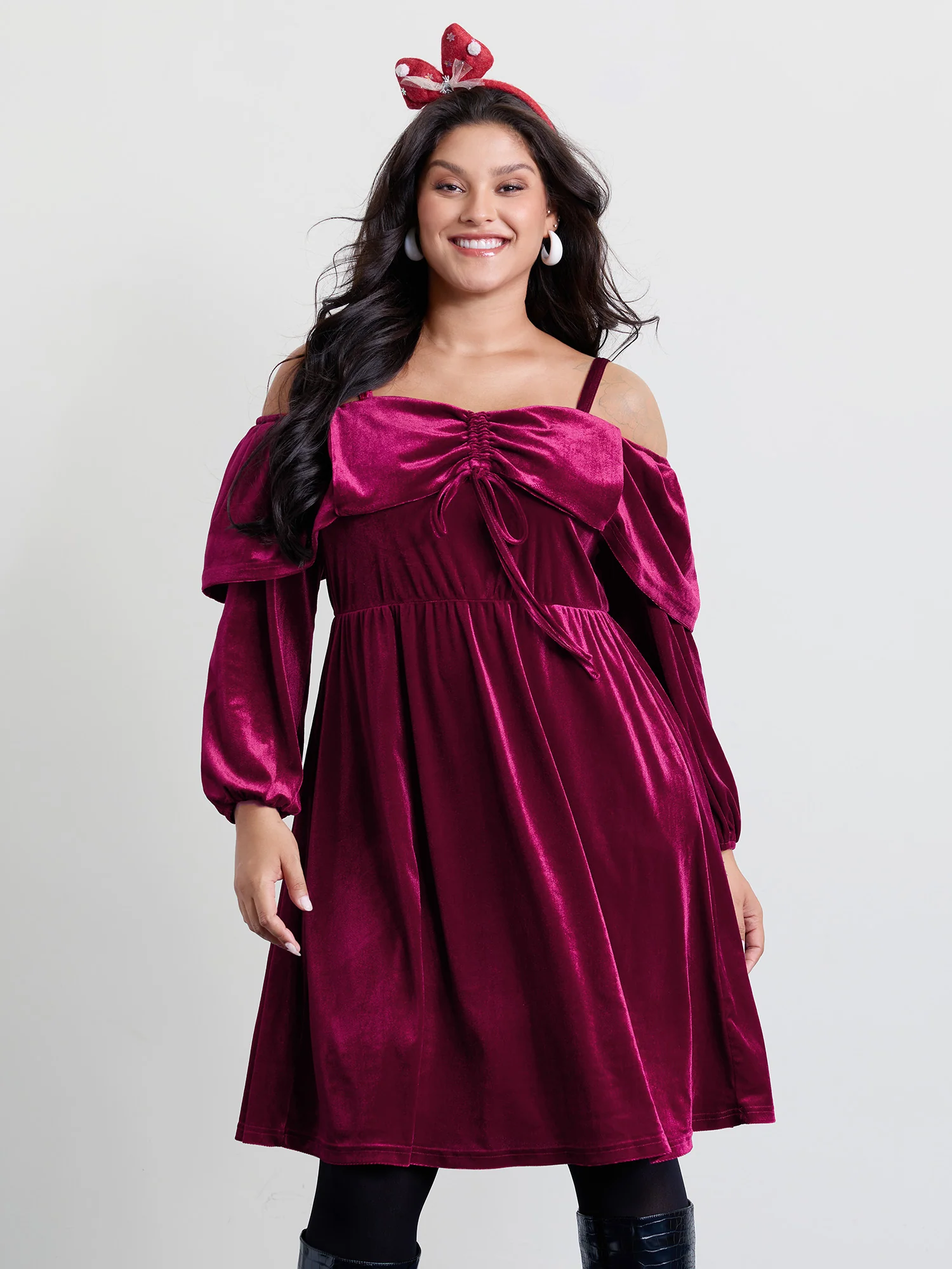 Velvet Off-Shoulder Bow Pockets Midi Dress