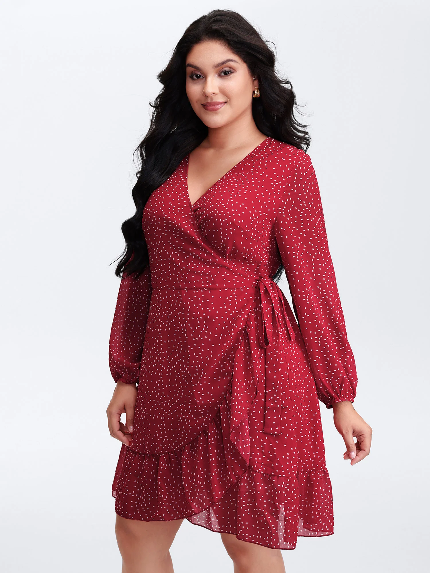 Polka Dot Ruffle Hem Wrap Dress