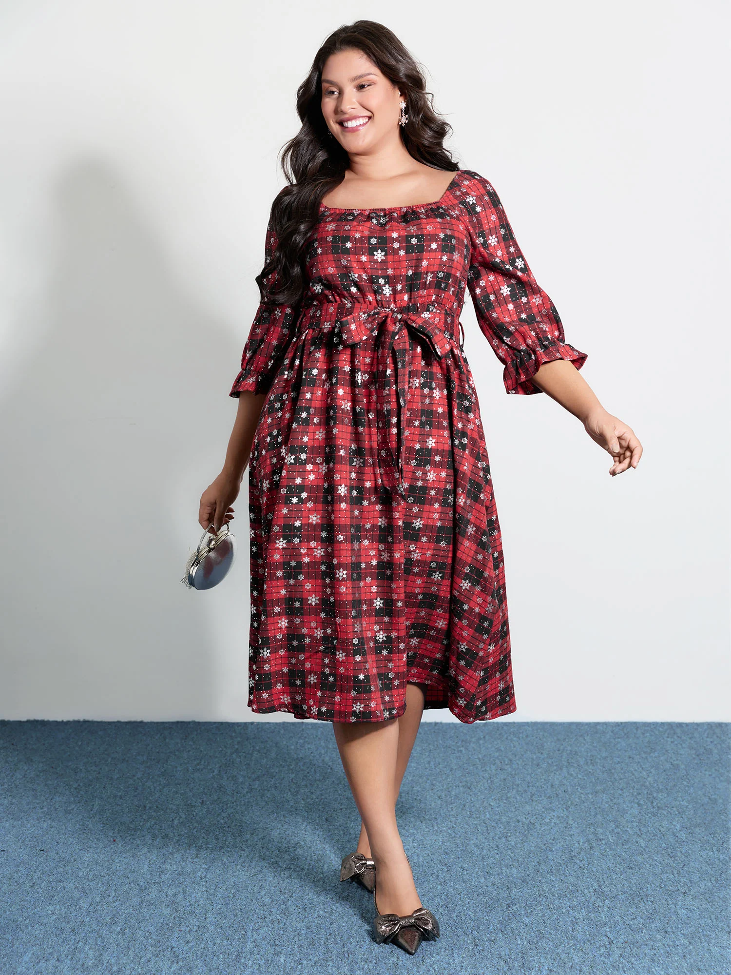 Snow Checkered Print Shirred Midi Dress