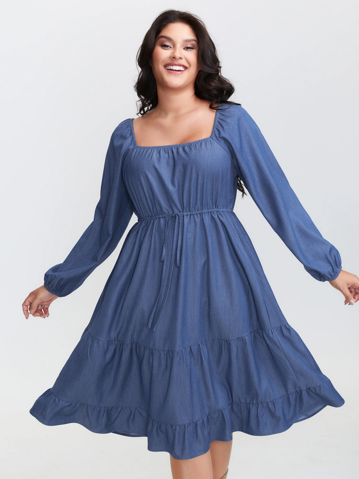 Denim-Like Cinched-Waist Pockets Midi Dress