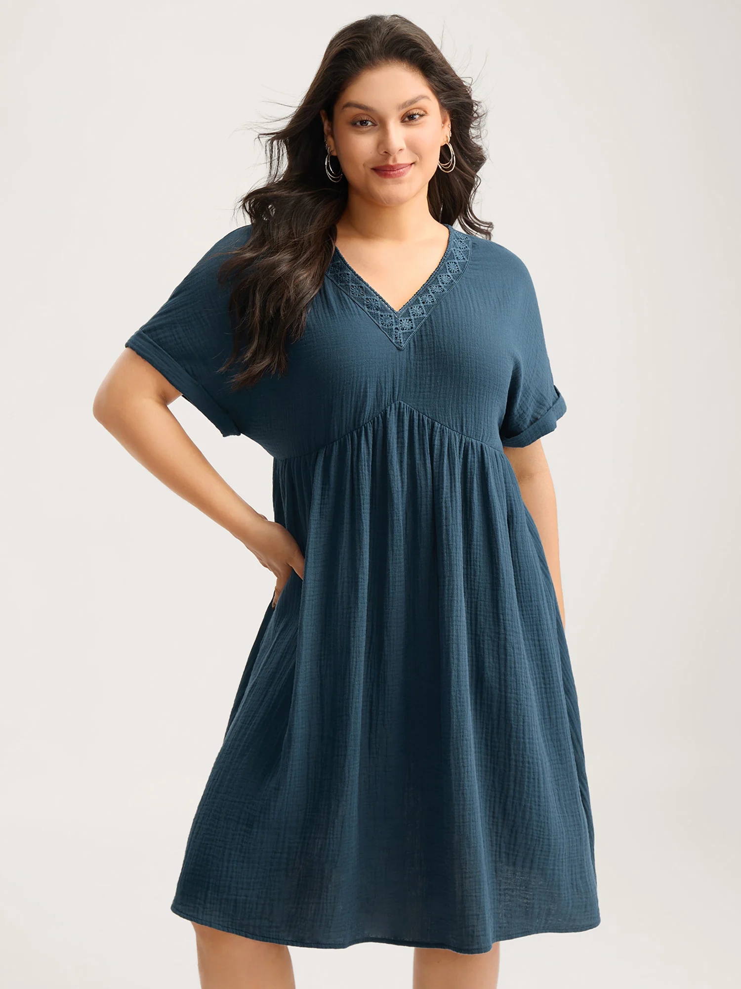 Pure Cotton Lace V-Neck Solid Midi Dress
