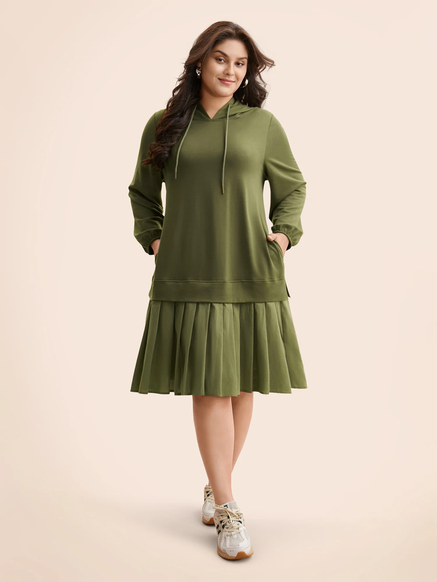 Patchwork Pleated Hooded Drawstring Dress