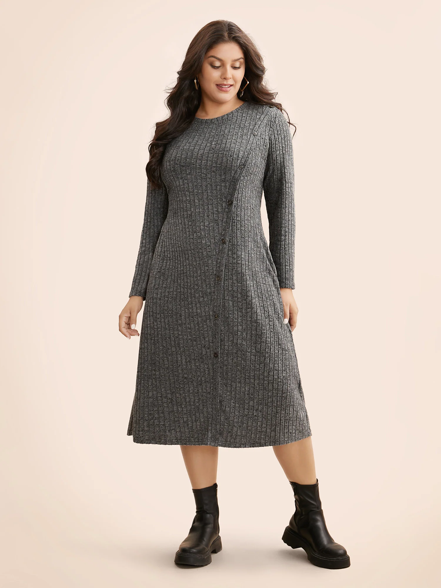 Crew Neck Button Detail Slim Fit Dress