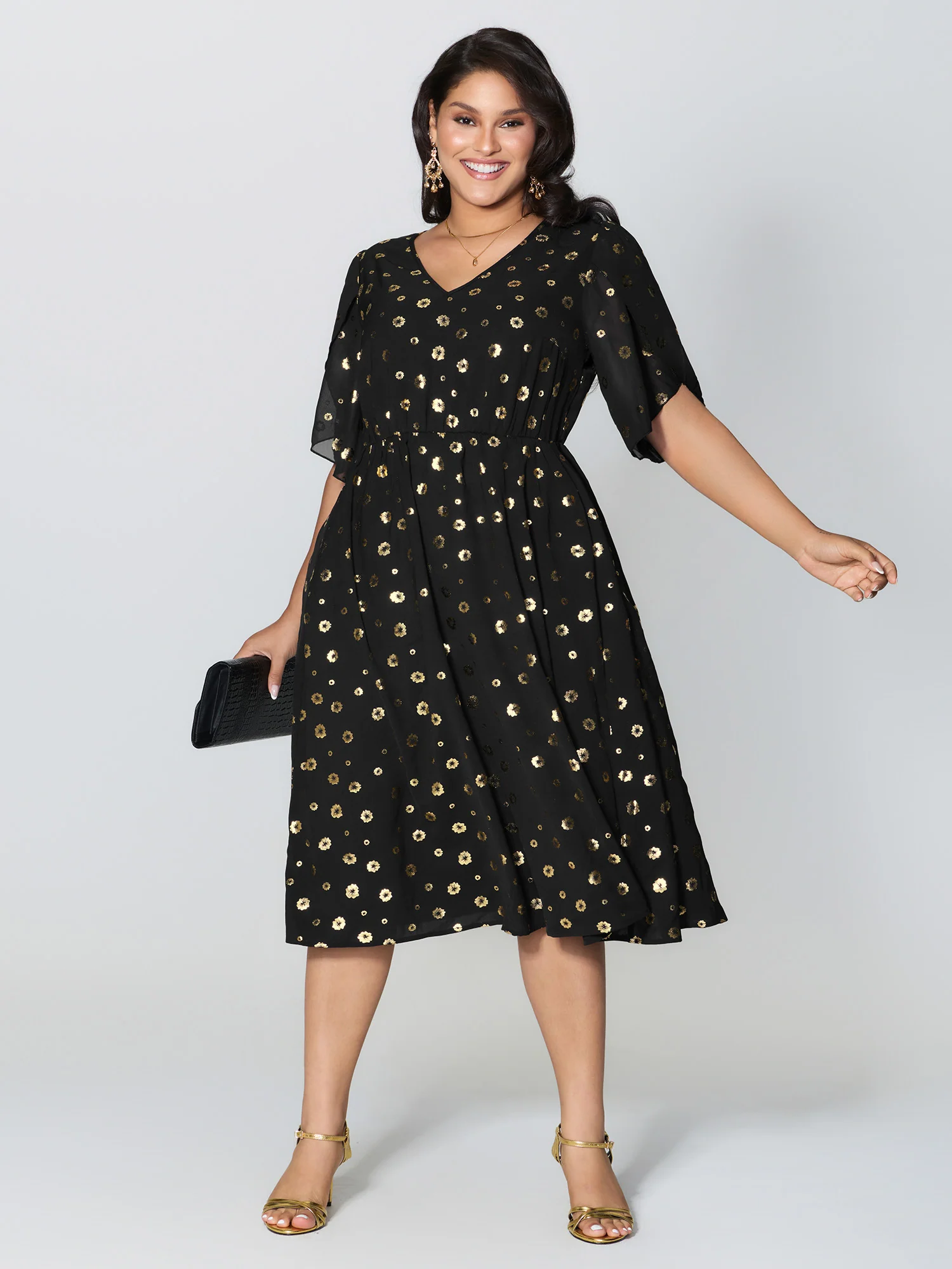 Gold Stamped Bud Sleeve Midi Dress