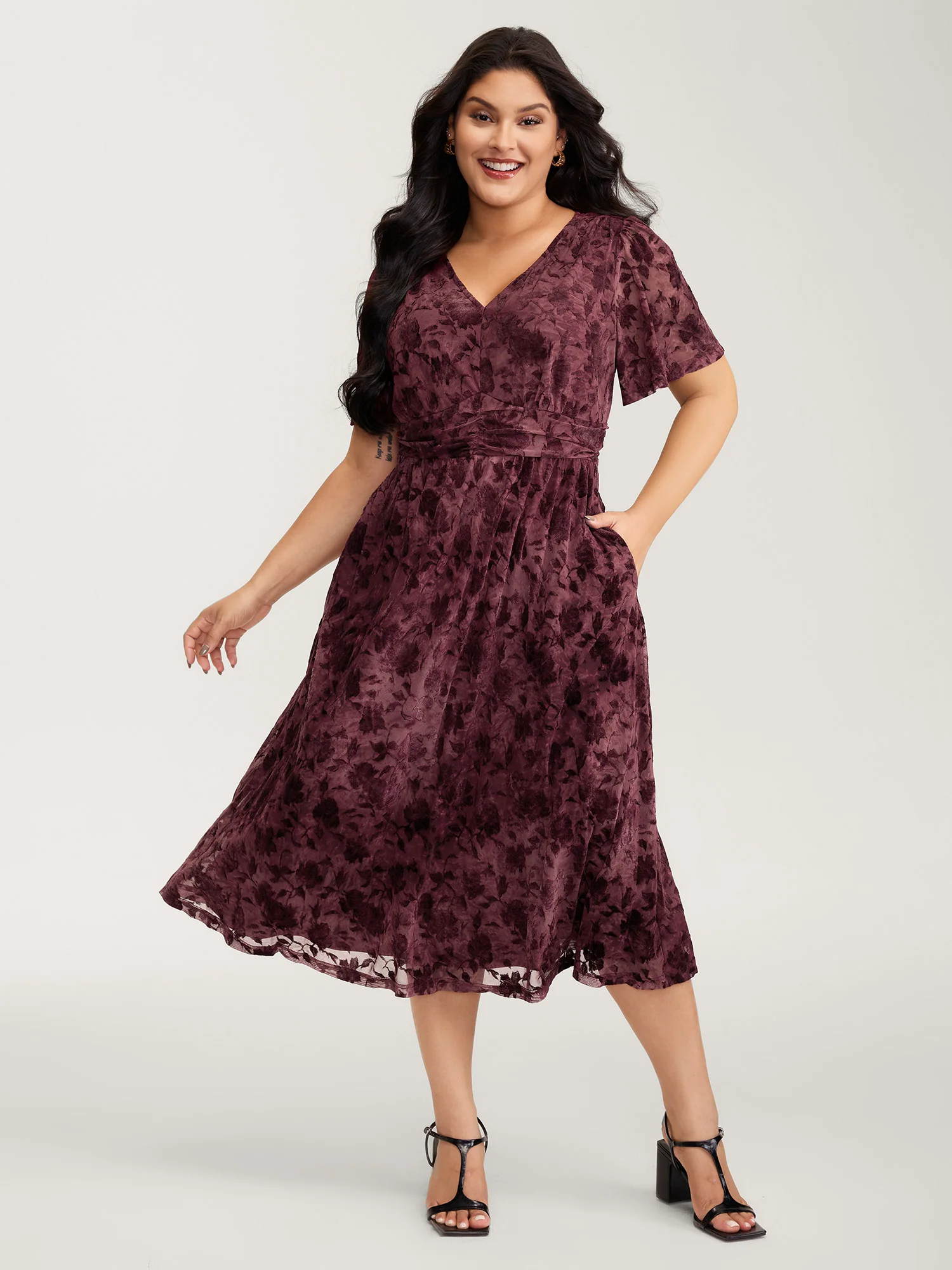 Velvet Jacquard Pleated Waist Sheer Midi Dress