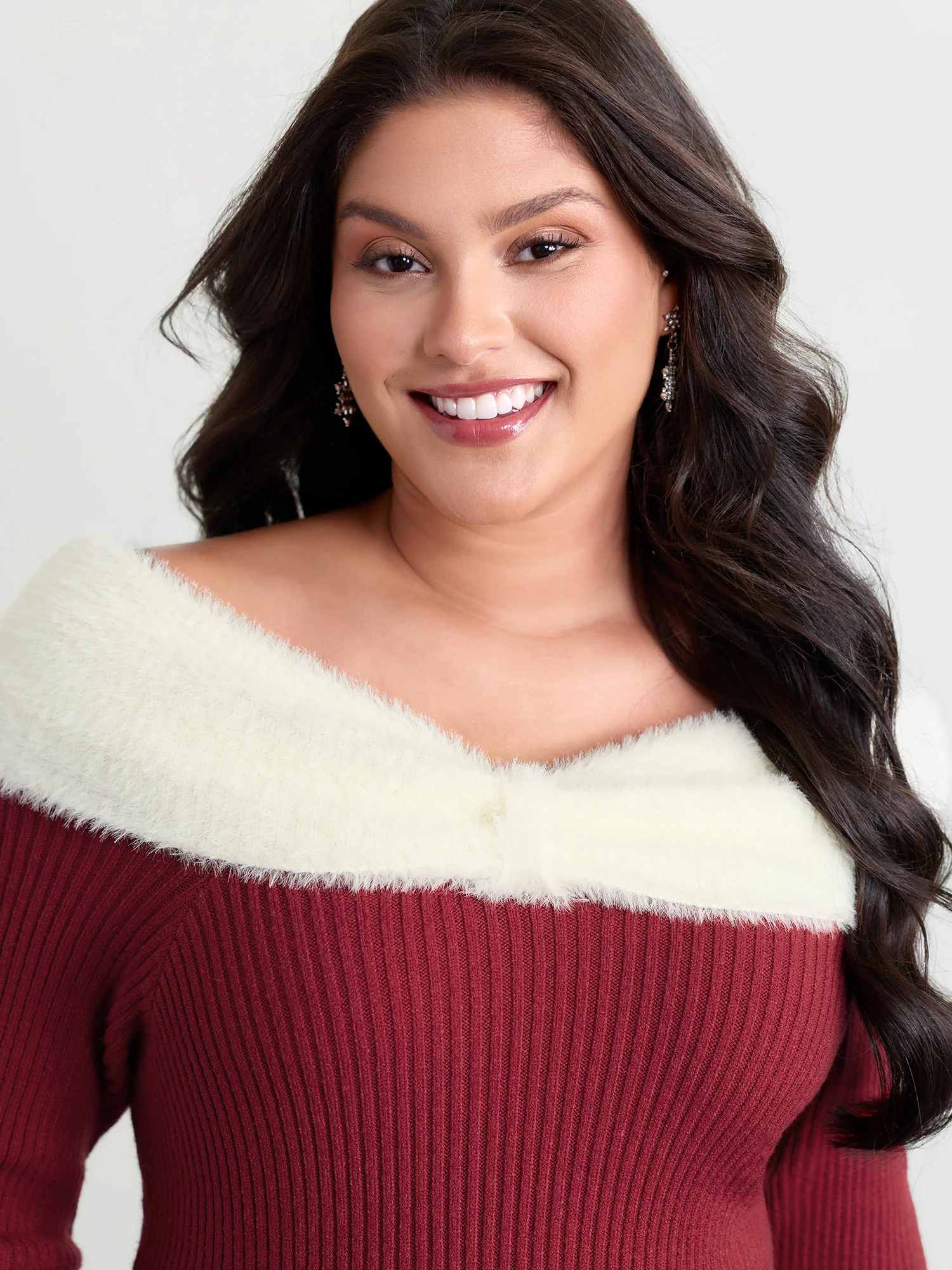 Fuzzy Off-Shoulder Color Block Sweater Dress