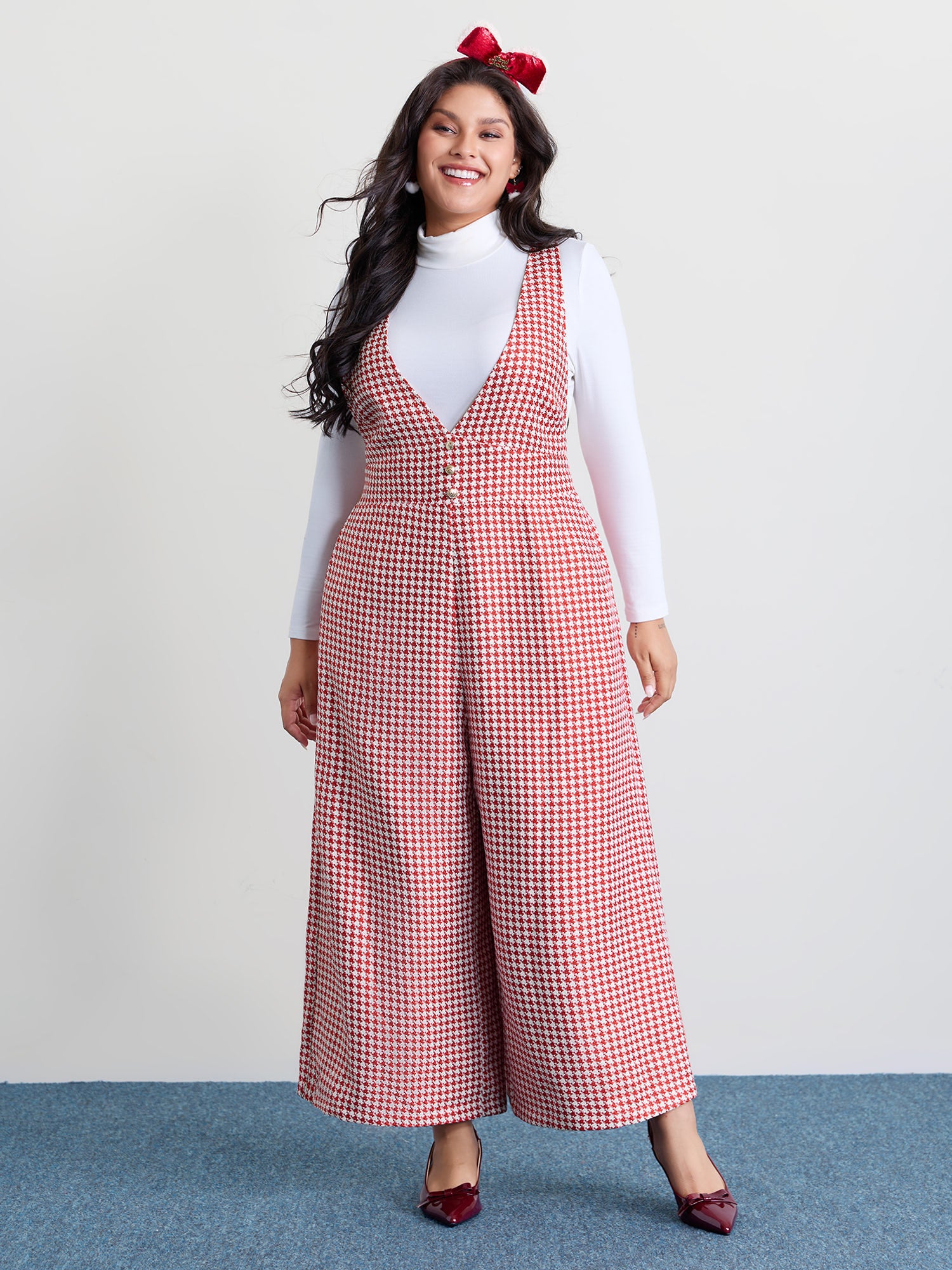 Houndstooth Pattern Stretchy Waist Pockets Jumpsuit