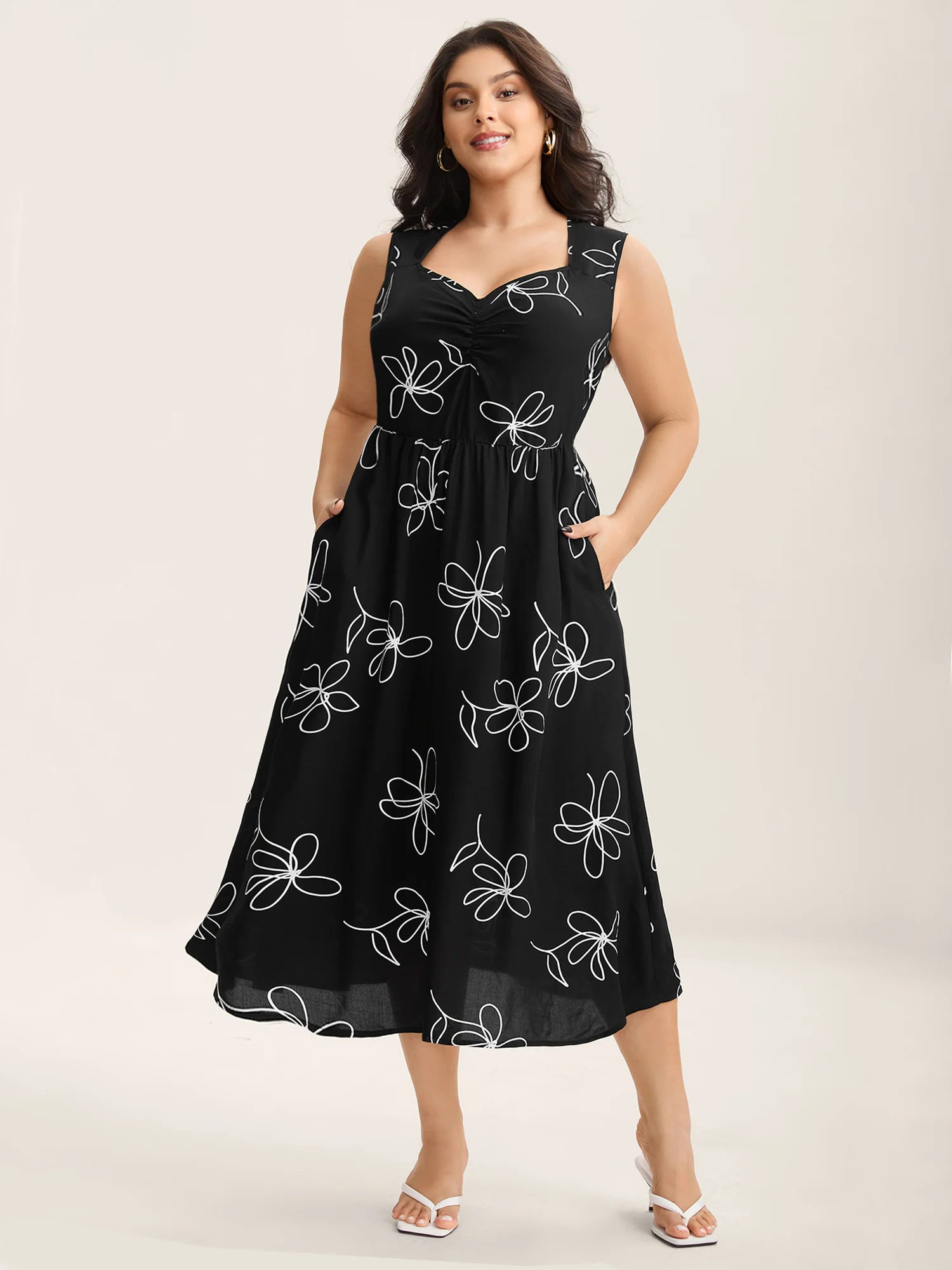 Rayon Floral Stretchy Waist Midi Dress