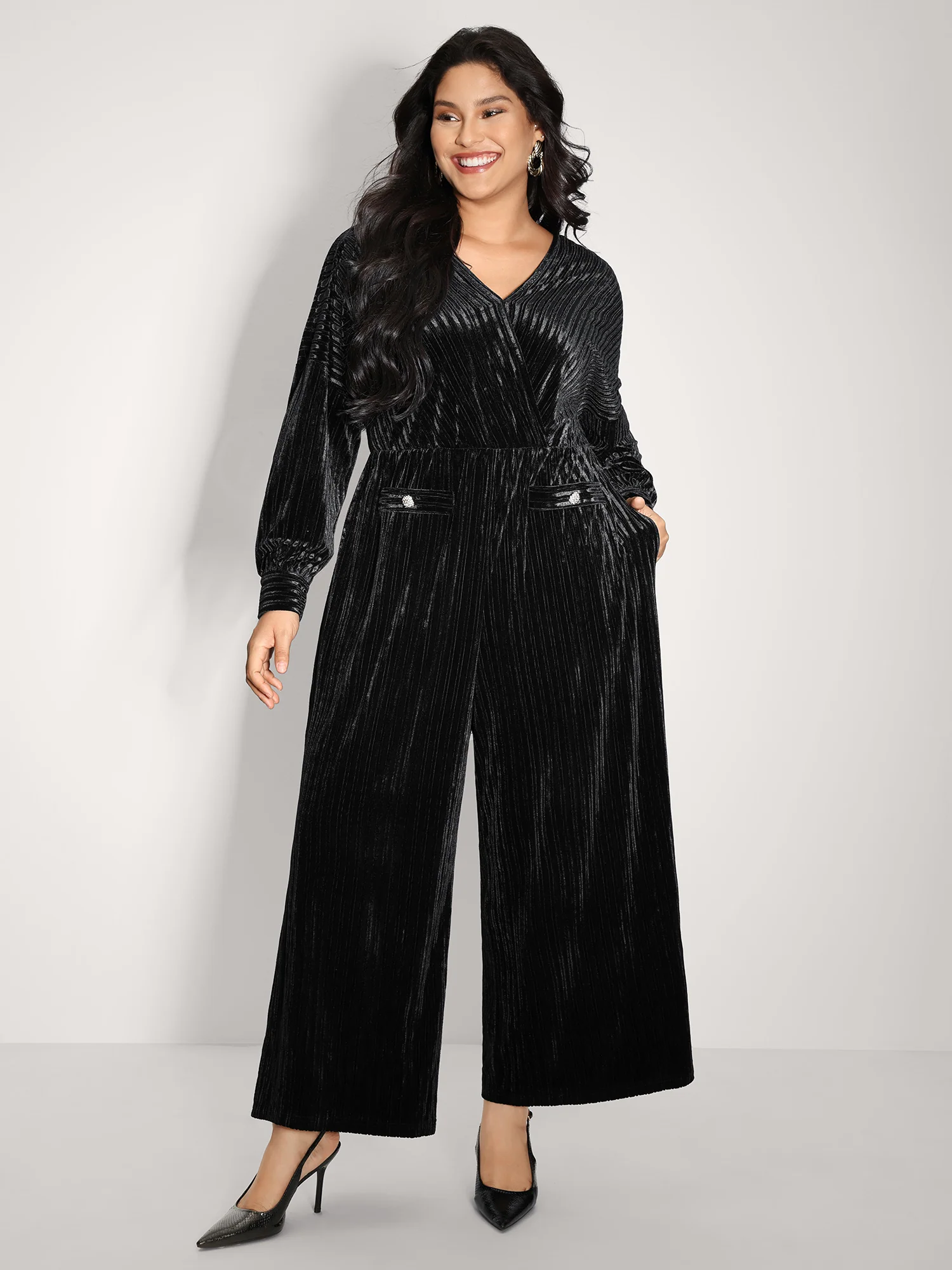 Textured Velvet Sheer Back Pockets Jumpsuit