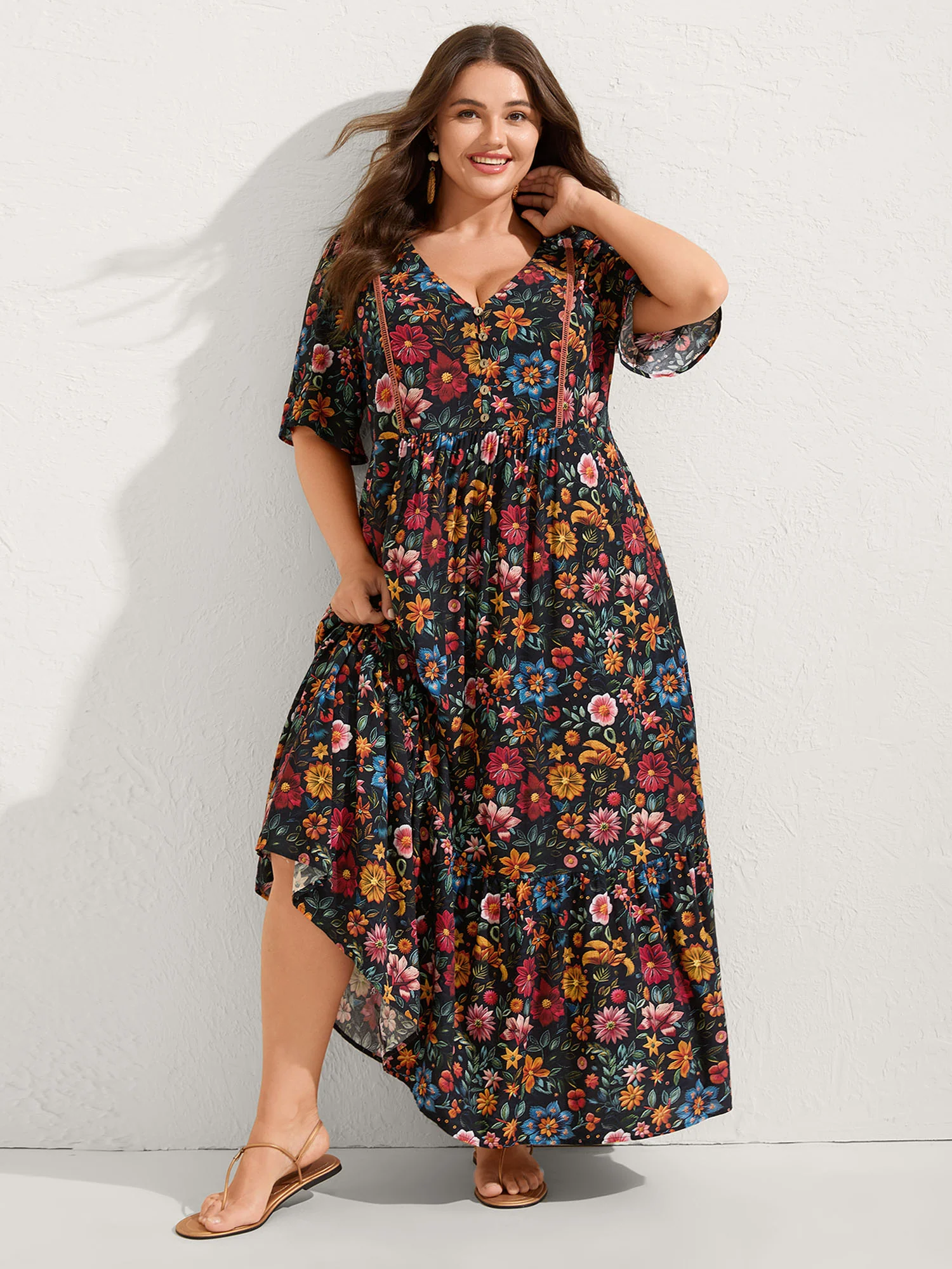 Rayon Floral Lace Trim Button Maxi Dress
