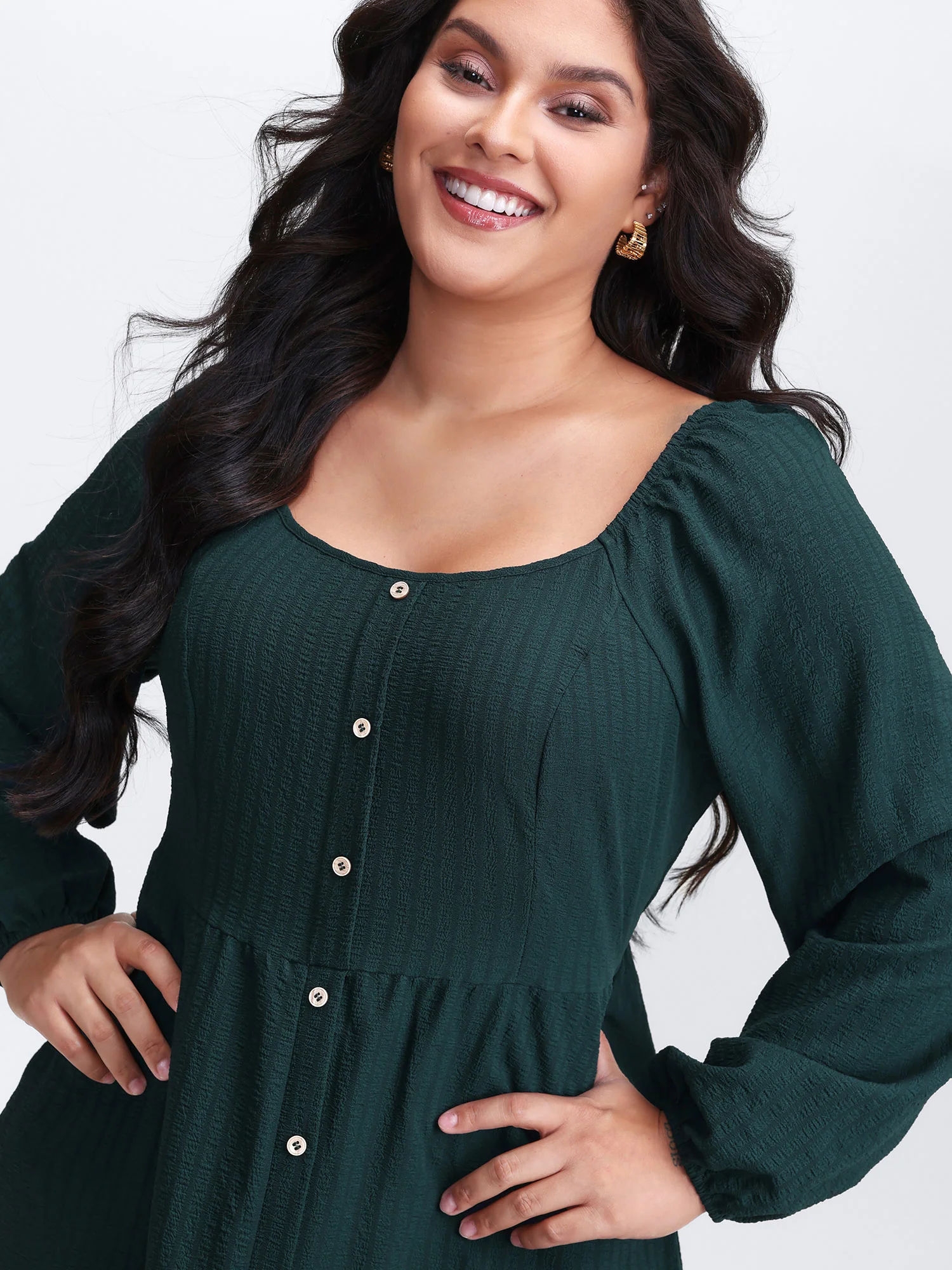 Textured Pockets Button Detail Tiered Maxi Dress