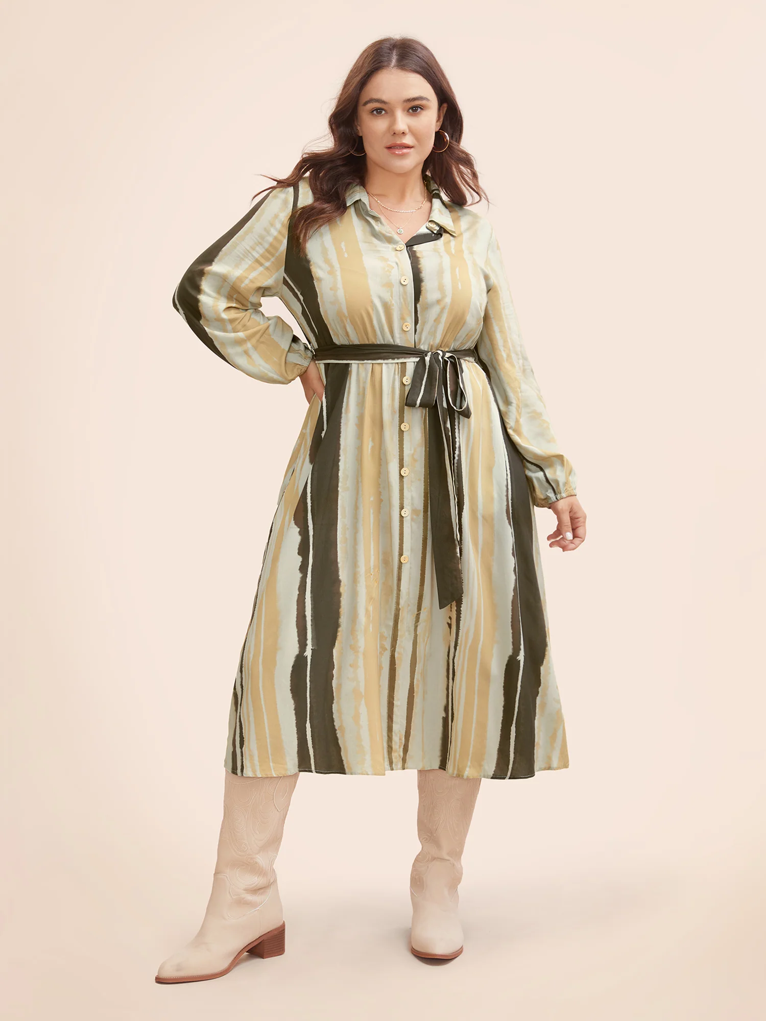 Shirt Collar Striped Pocket Belted Dress