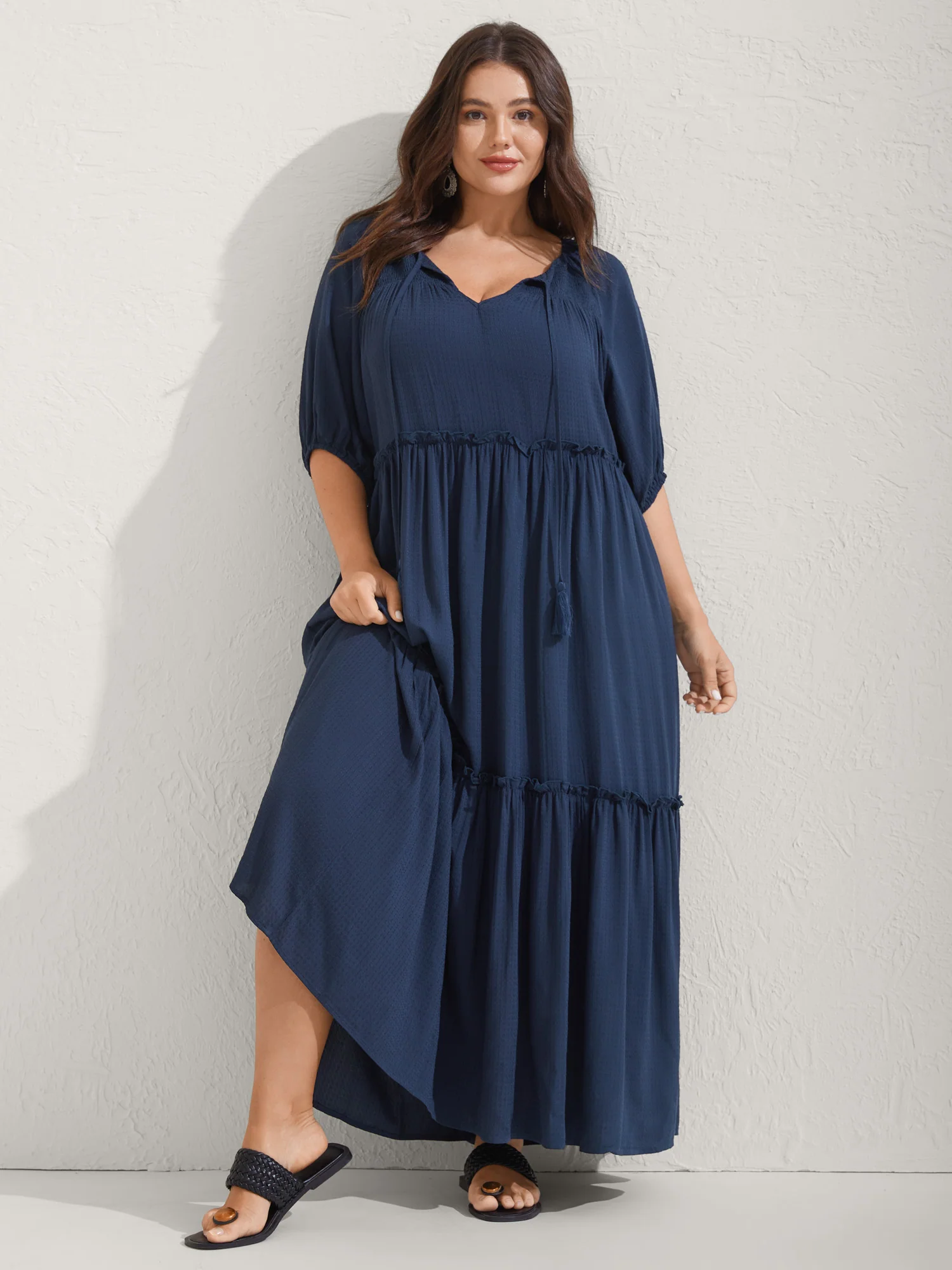 Shirred Neck Tie Tiered Puff Sleeve Dress