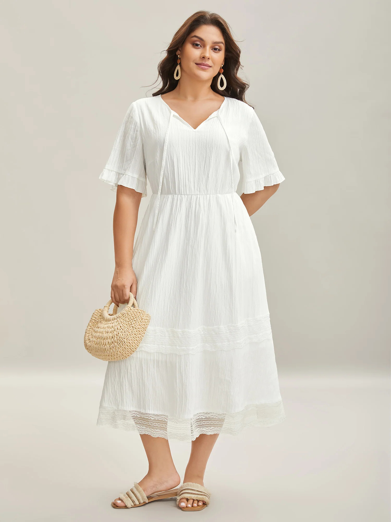 Textured Cut-Out Lace Tied Midi Dress