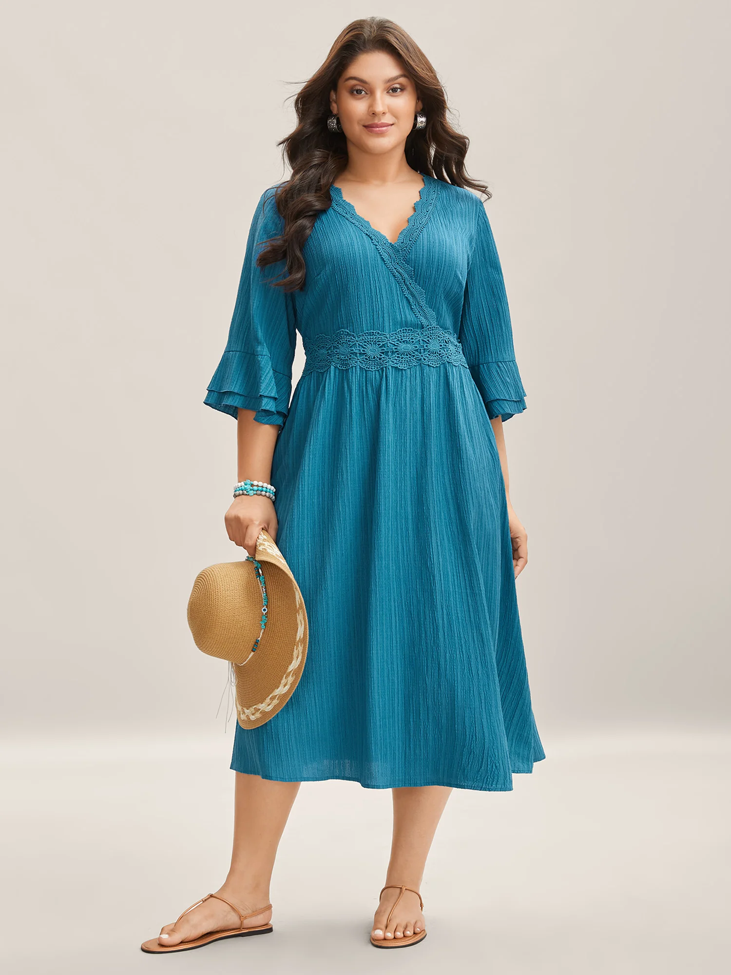 Scalloped Lace Surplice Ruffled Midi Dress