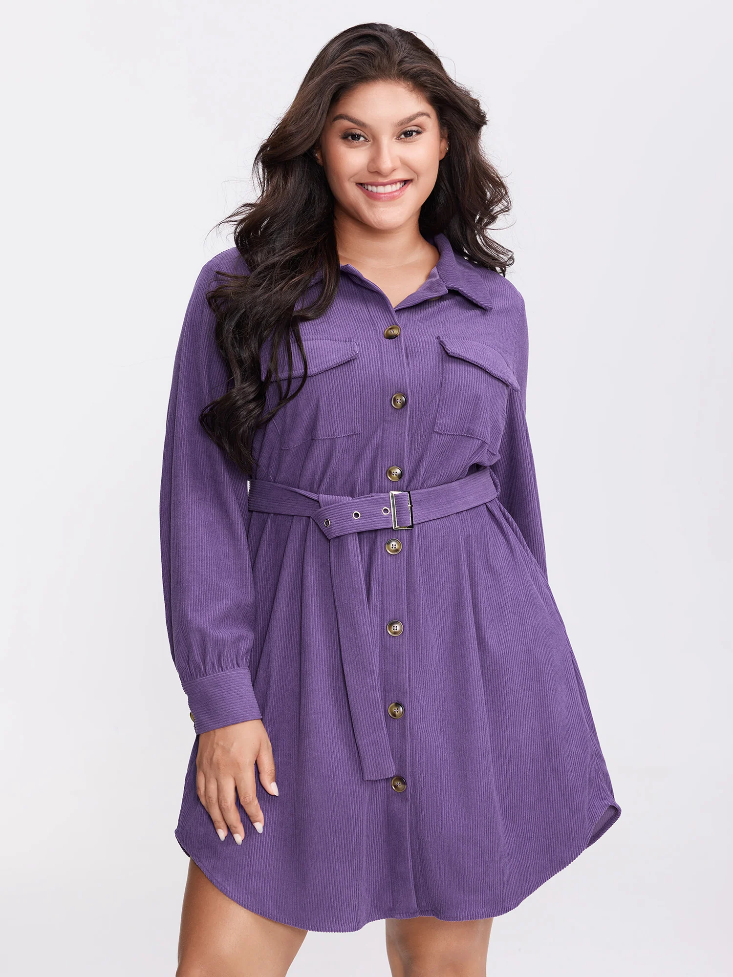 Corduroy Button-Front Belted Shirt Mini Dress