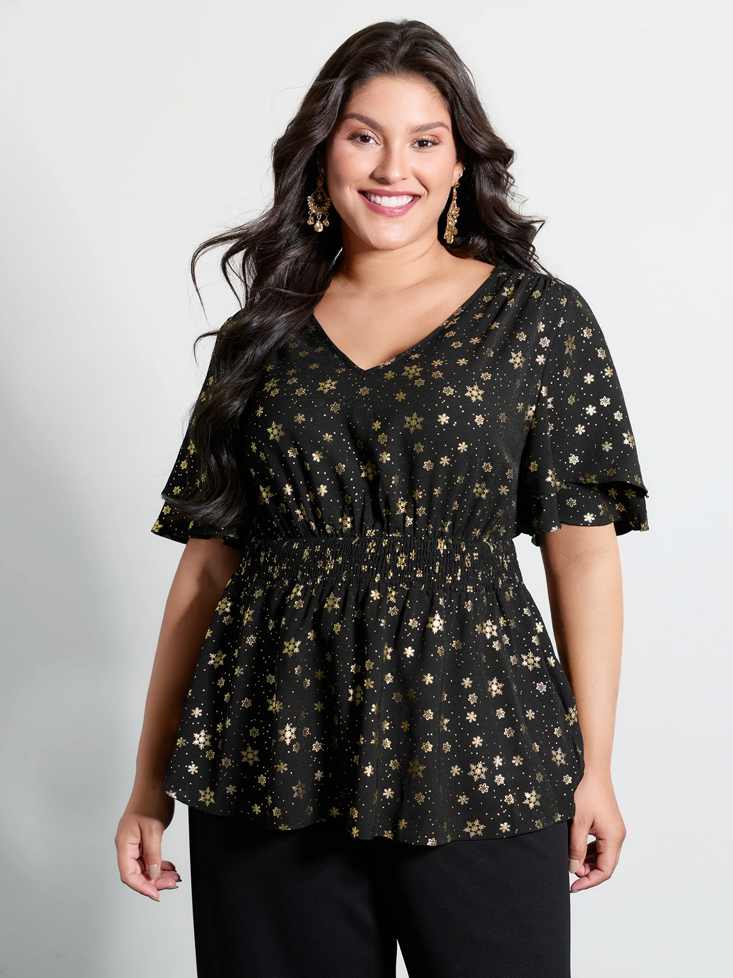 Gold Stamped Layered Ruffled Sleeve Blouse