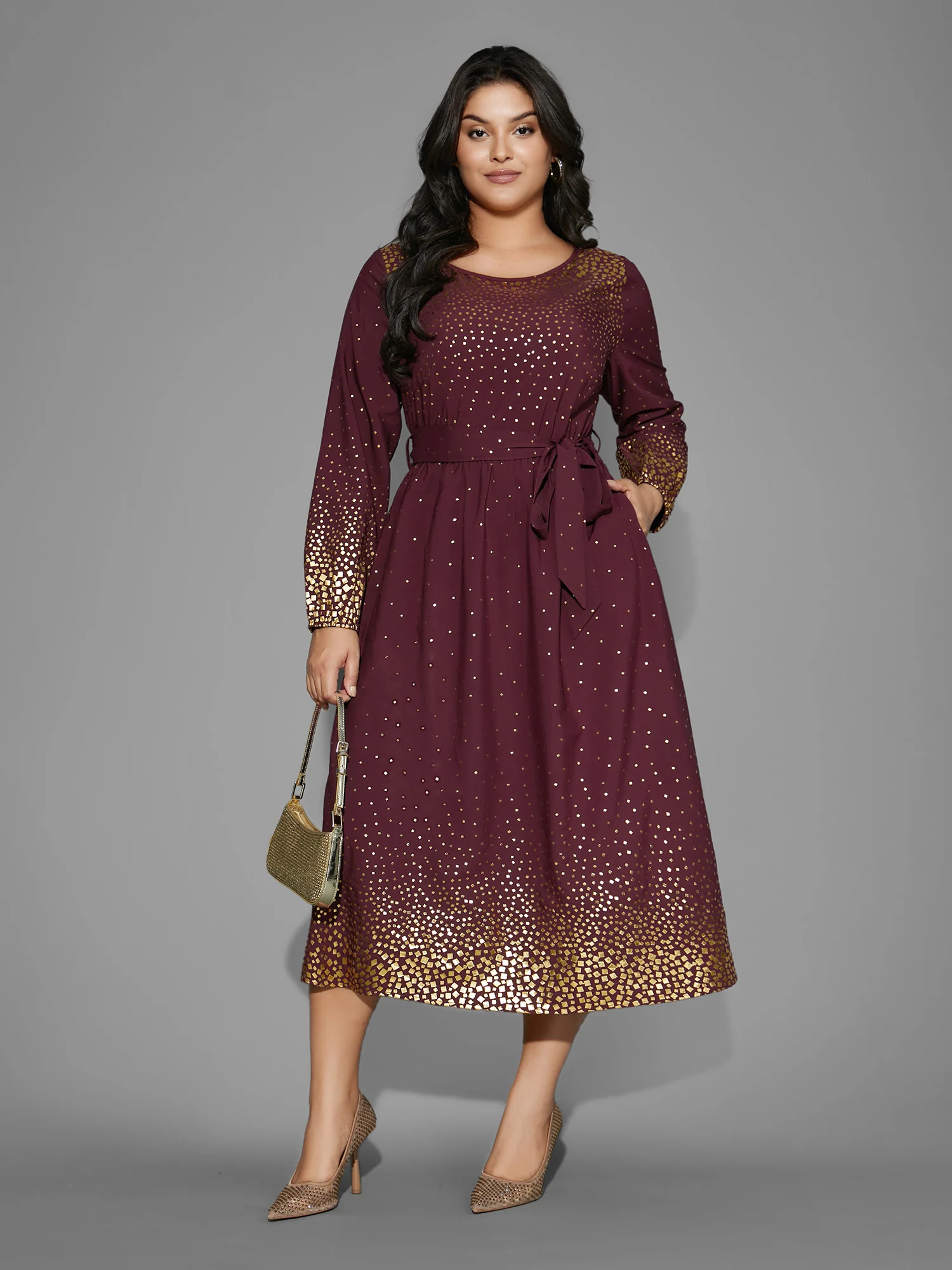 Glitter Round Neck Belted Lantern Sleeve Dress