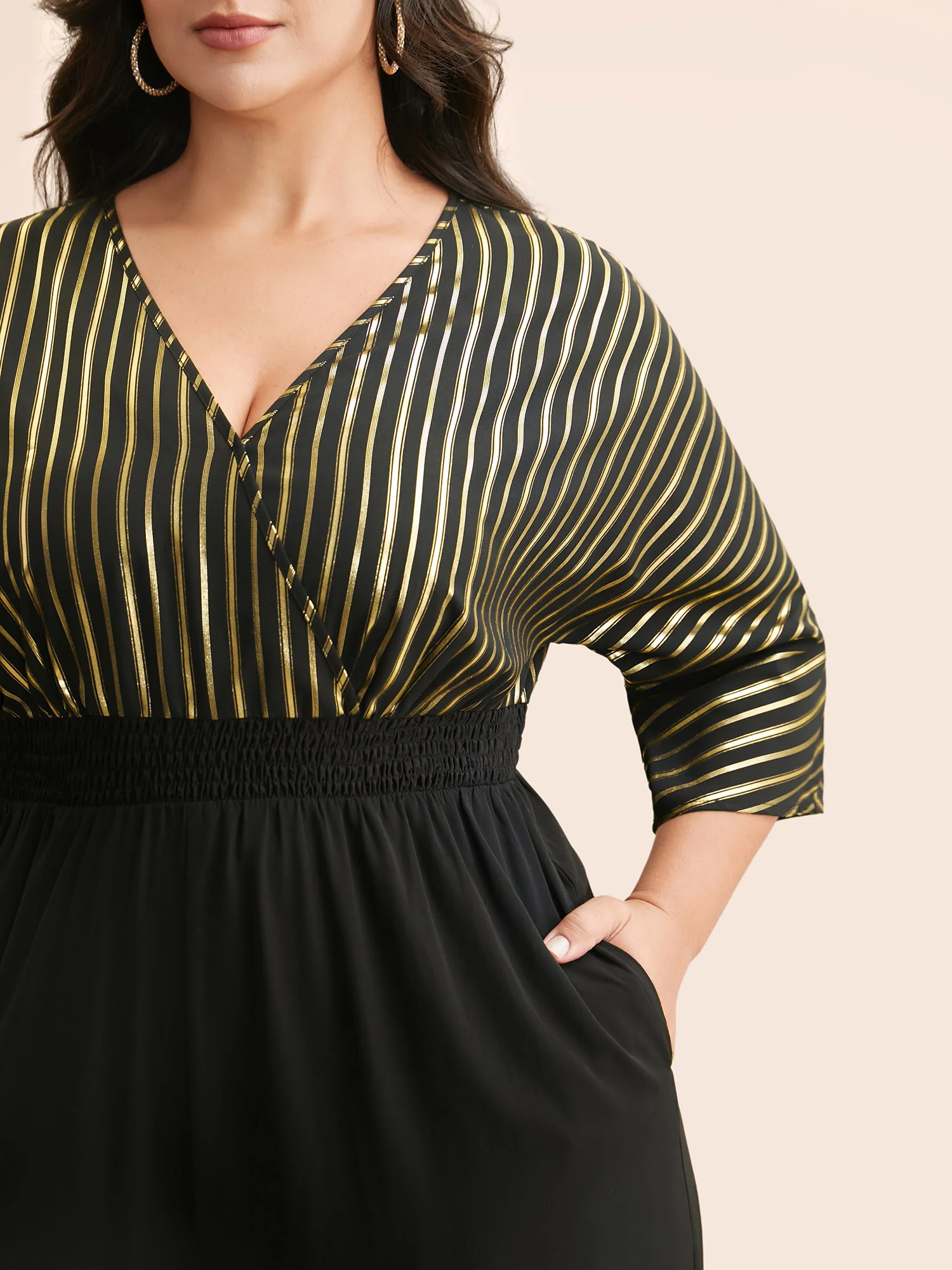 Glitter Striped Patchwork Shirred Jumpsuit