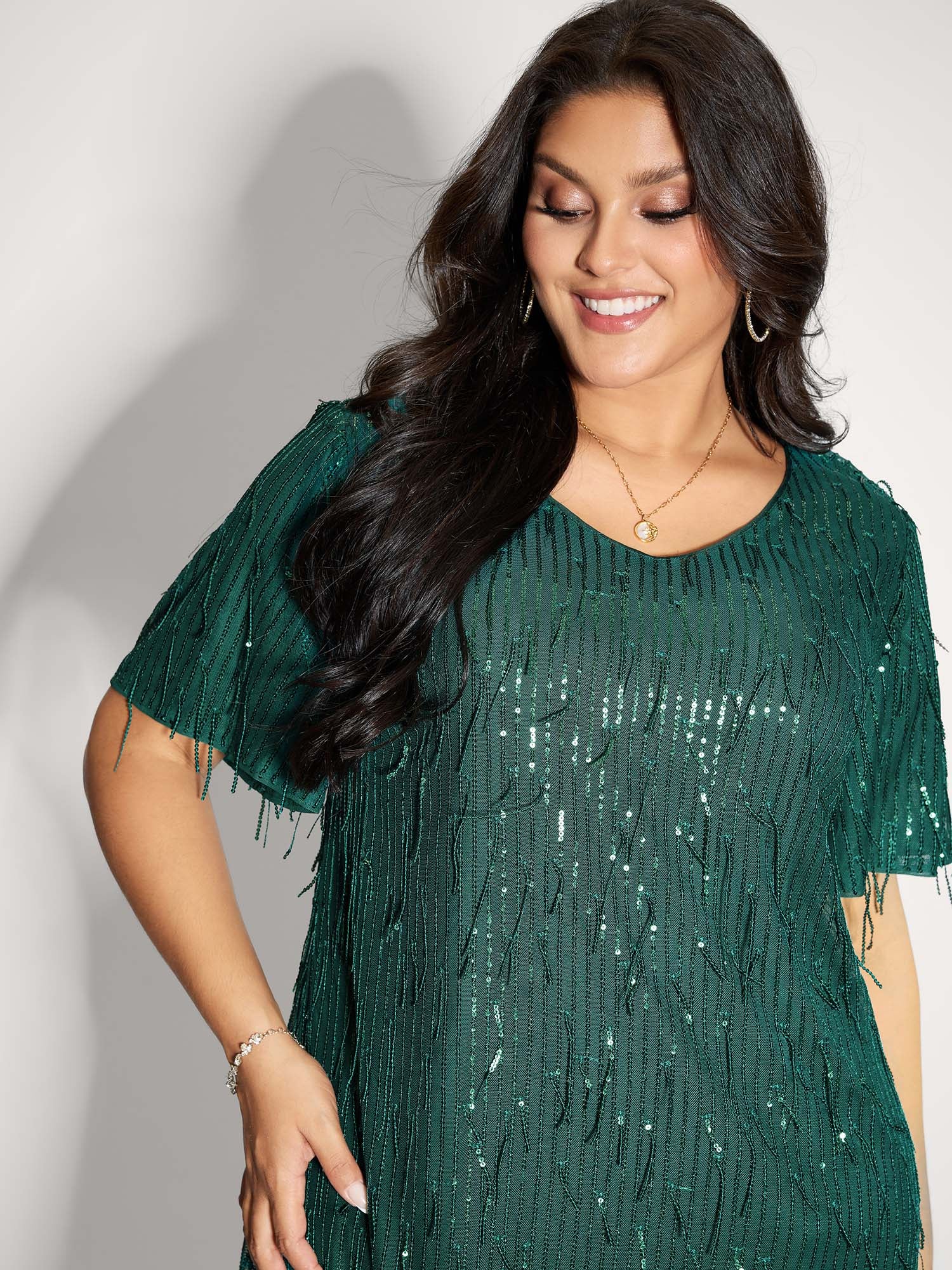 Fringe Sequin Flutter Sleeve Mini Dress