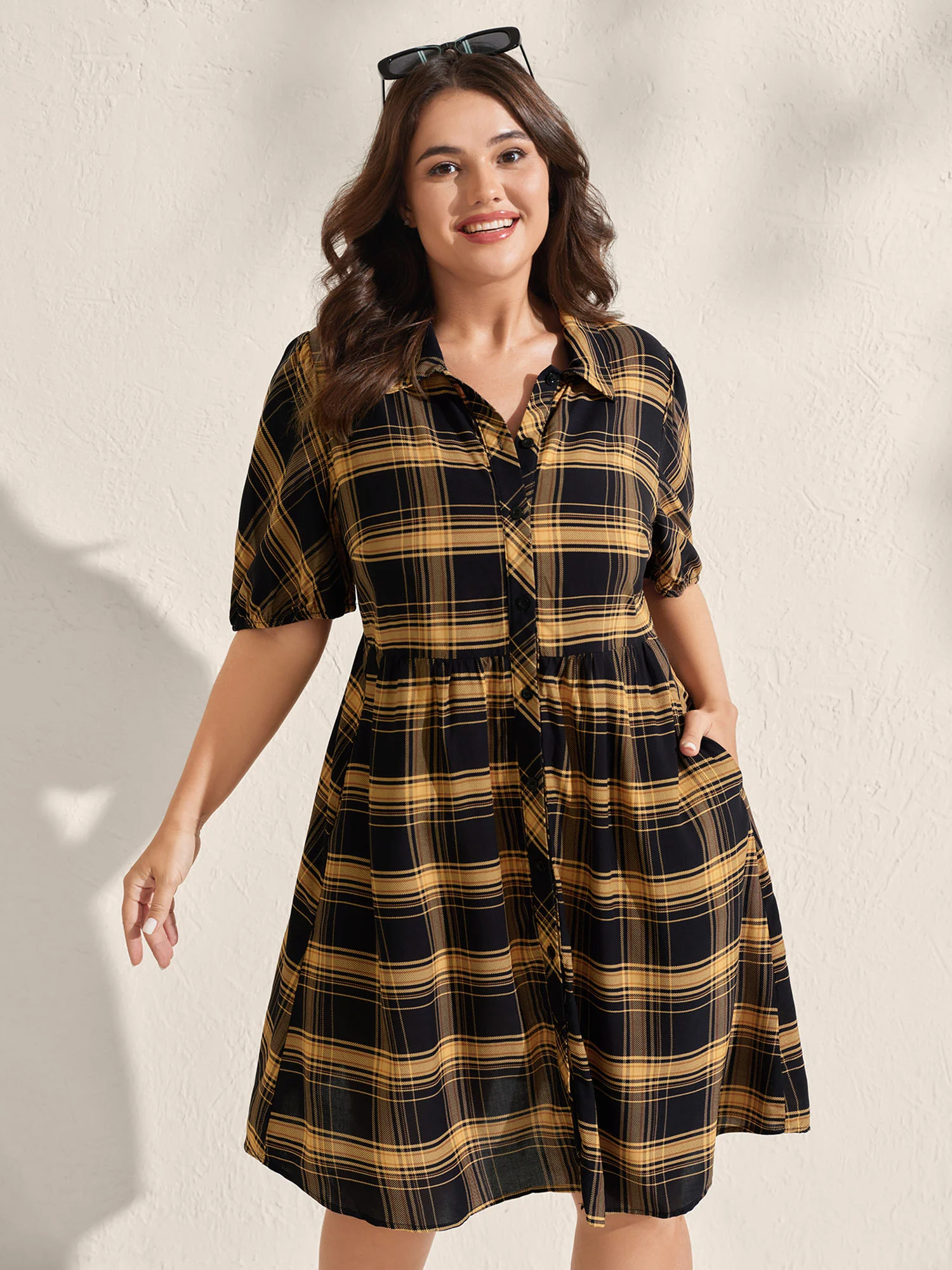 Plaid Print Side Pockets Midi Shirt Dress
